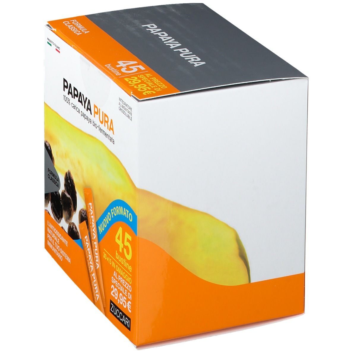 Scatola di Papaya Pura inclinata. Contiene 45 bustine. Scritta: 100% carica papaya bio-fermentata. Con immagine di papaya e bustine.