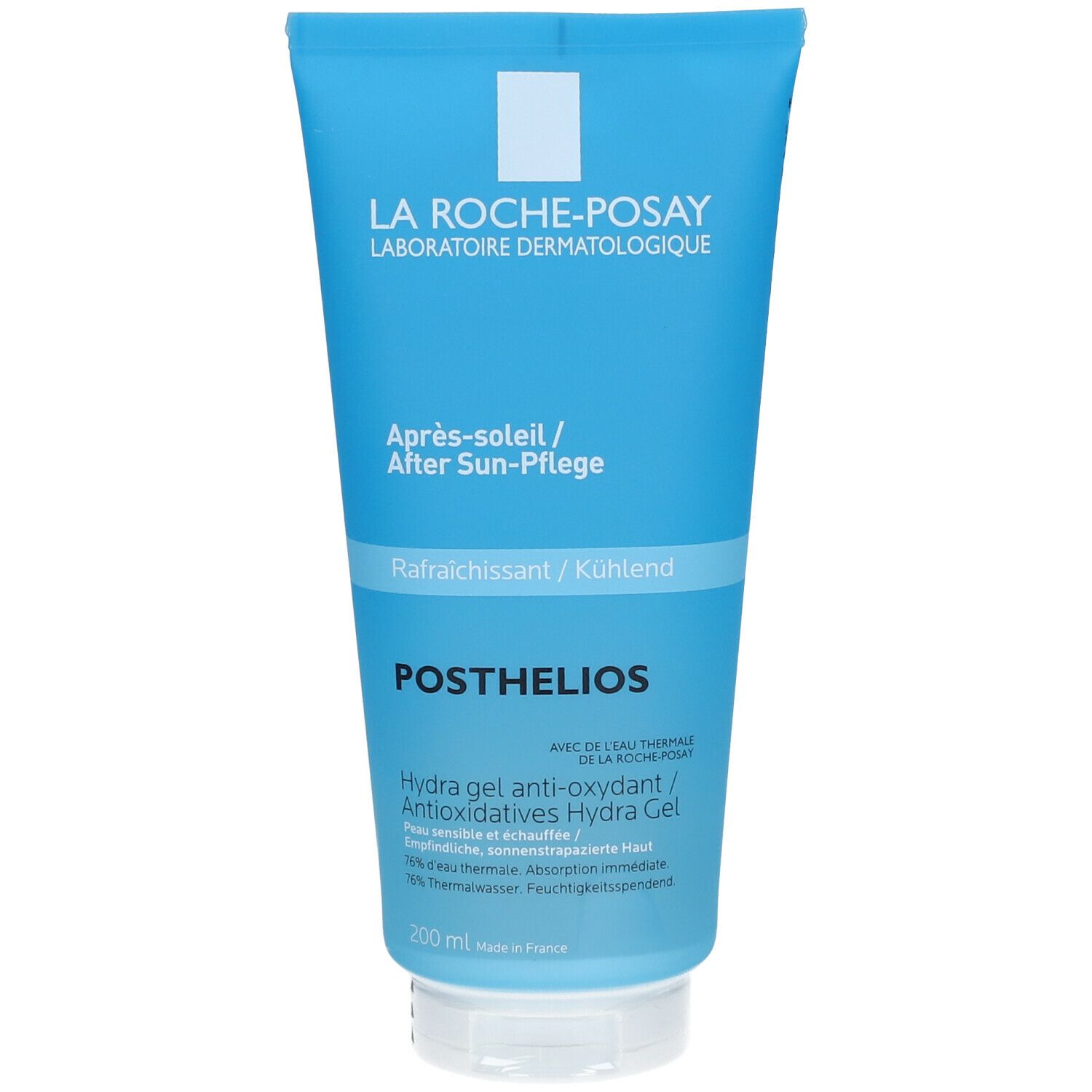 Blaue Tube. Aufschrift: LA ROCHE-POSAY, POSTHELIOS. Après-soleil/After-Sun-Pflege. Hydra gel anti-oxydant. 200 ml.
