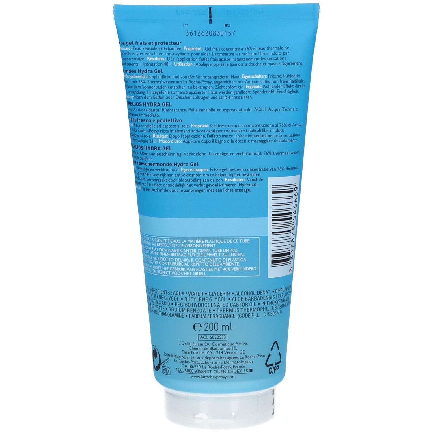 Rückseite der blauen Tube. Aufschrift: Inhaltsstoffe, Gebrauchsanweisung, 200 ml. Recycling-Symbol.