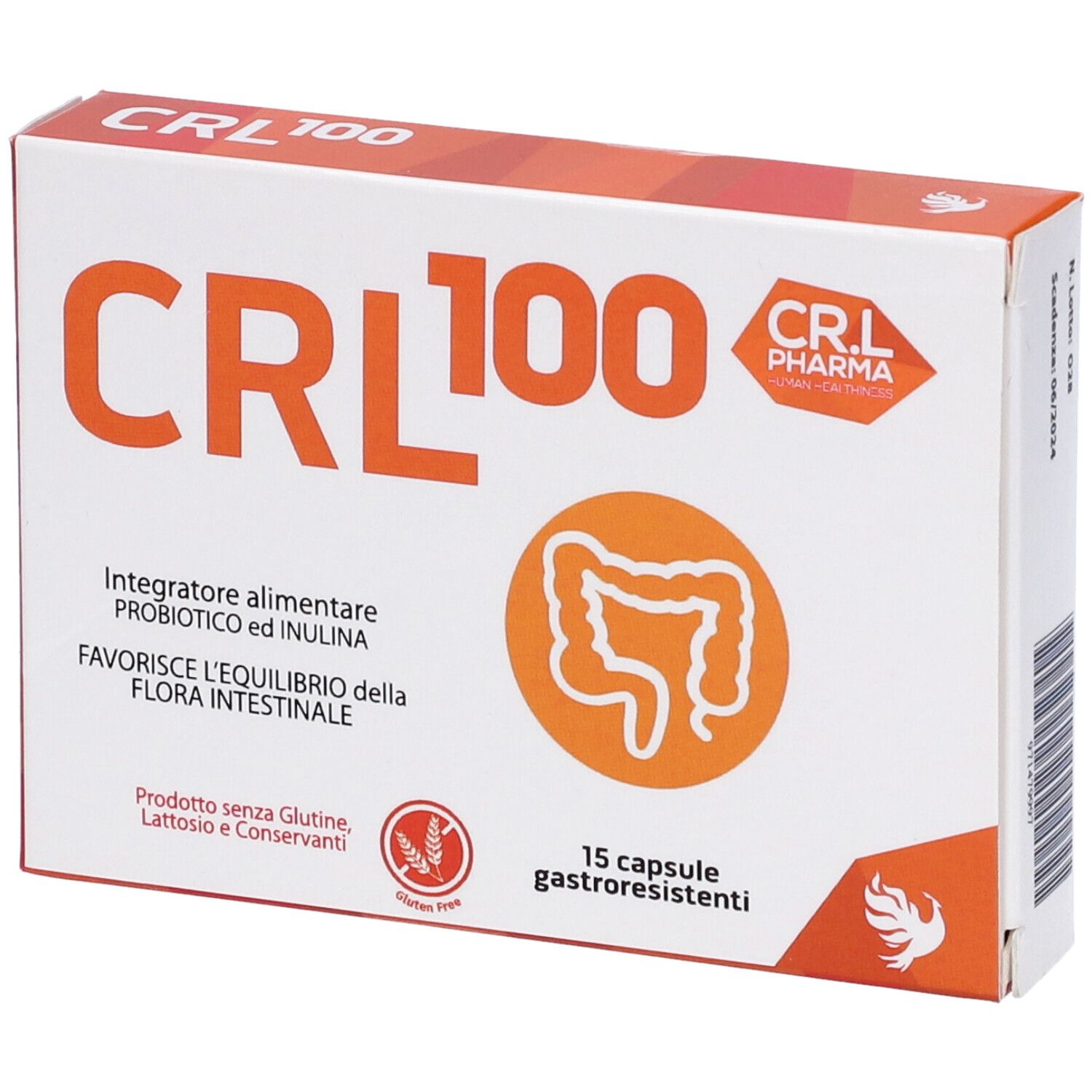 Scatola bianca con accenti arancioni. Scritta: CRL 100. Logo con simbolo intestinale. 15 capsule.