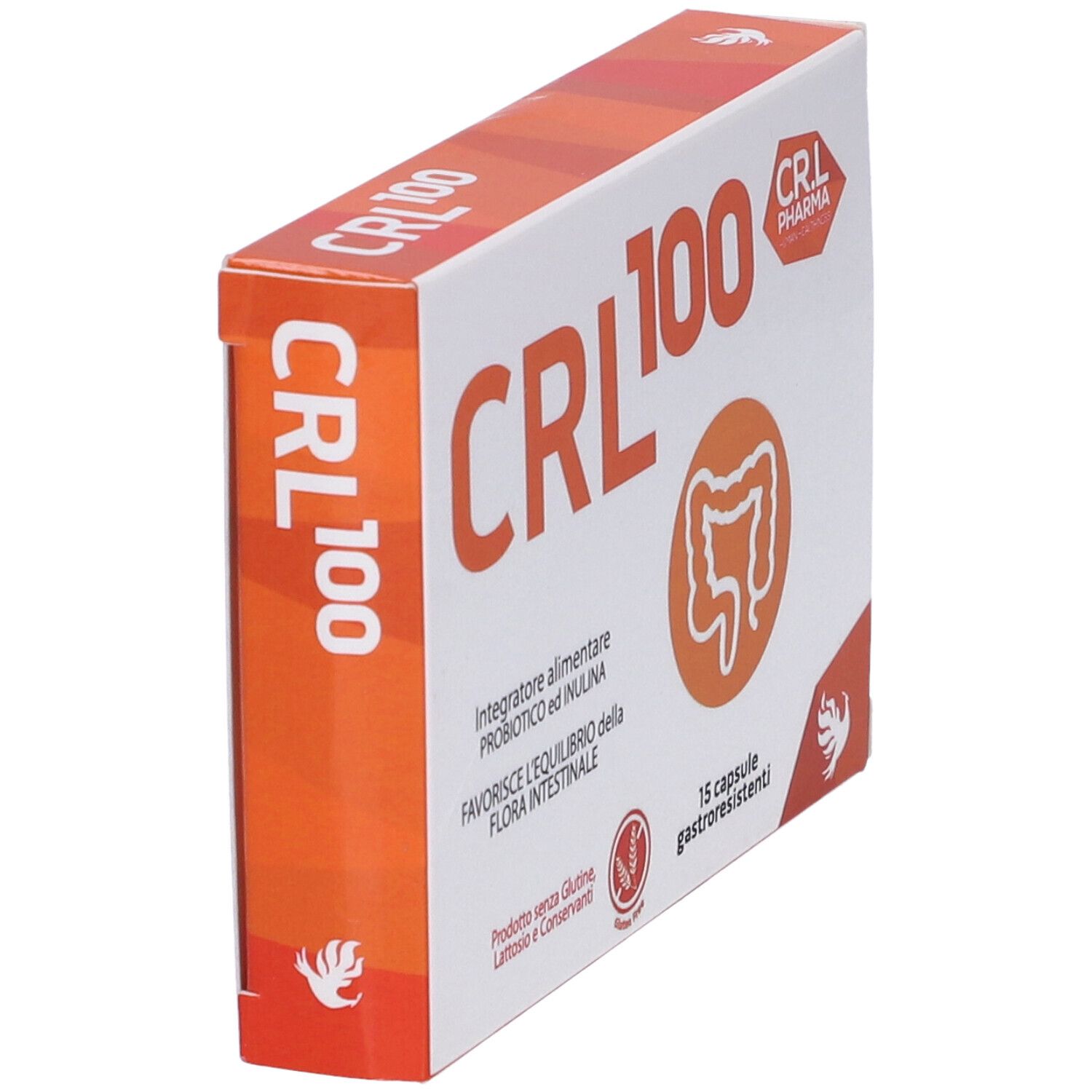 Scatola con accenti arancioni. Scritta: CRL 100. Logo con simbolo intestinale. Vista obliqua.