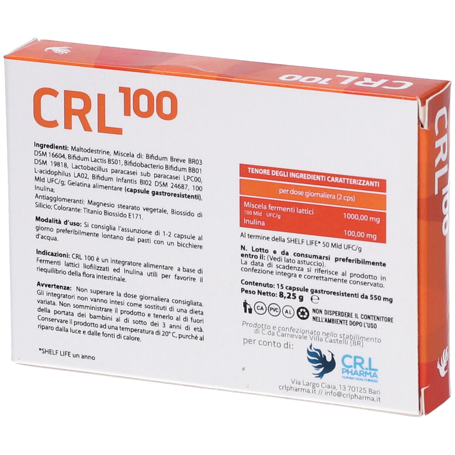 Retro della scatola. Scritta: CRL 100. Elenco ingredienti, dosaggio, avvertenze. Testo in italiano.
