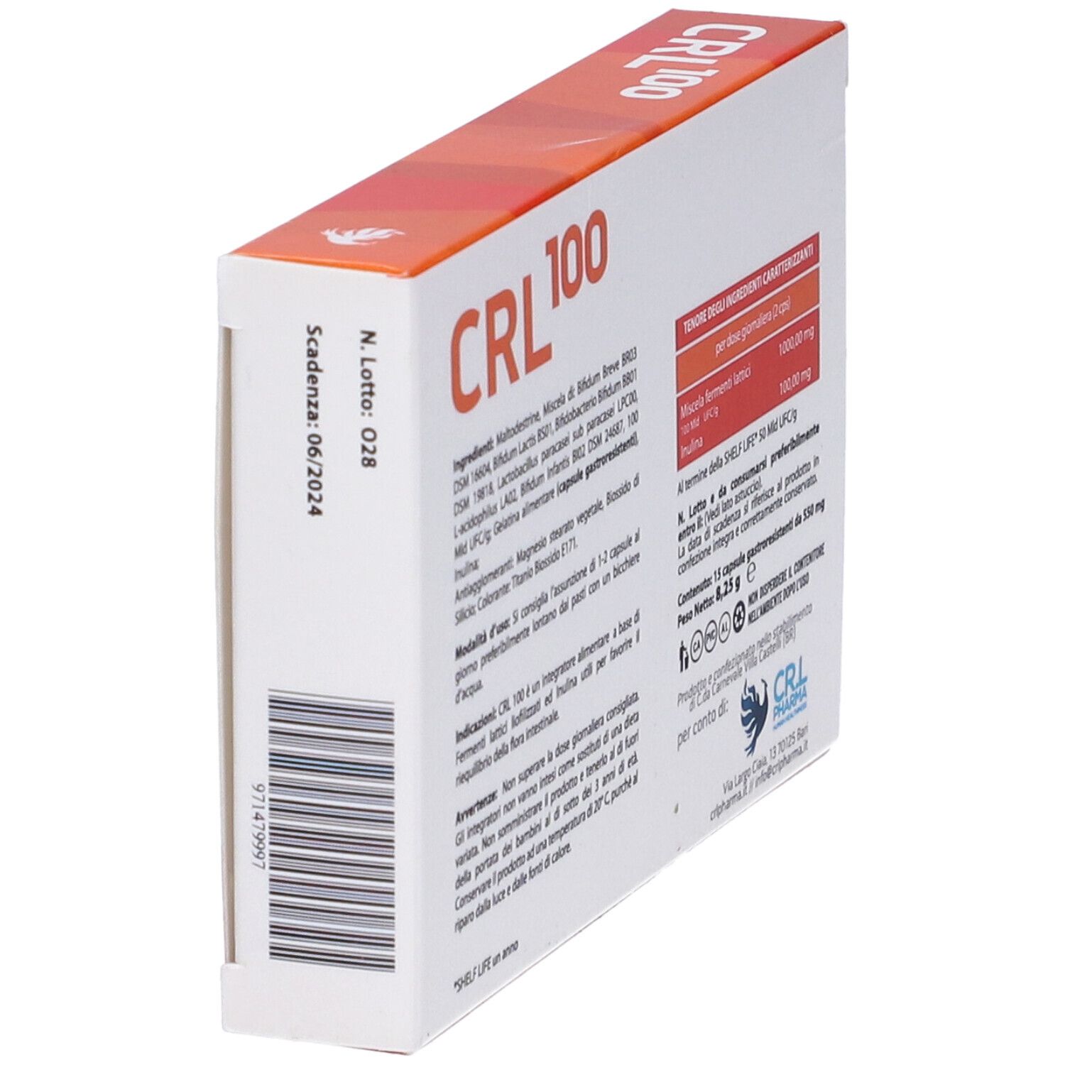 Scatola obliqua da dietro. Scritta: CRL 100. Elenco ingredienti, dosaggio. Scadenza 06/2024.