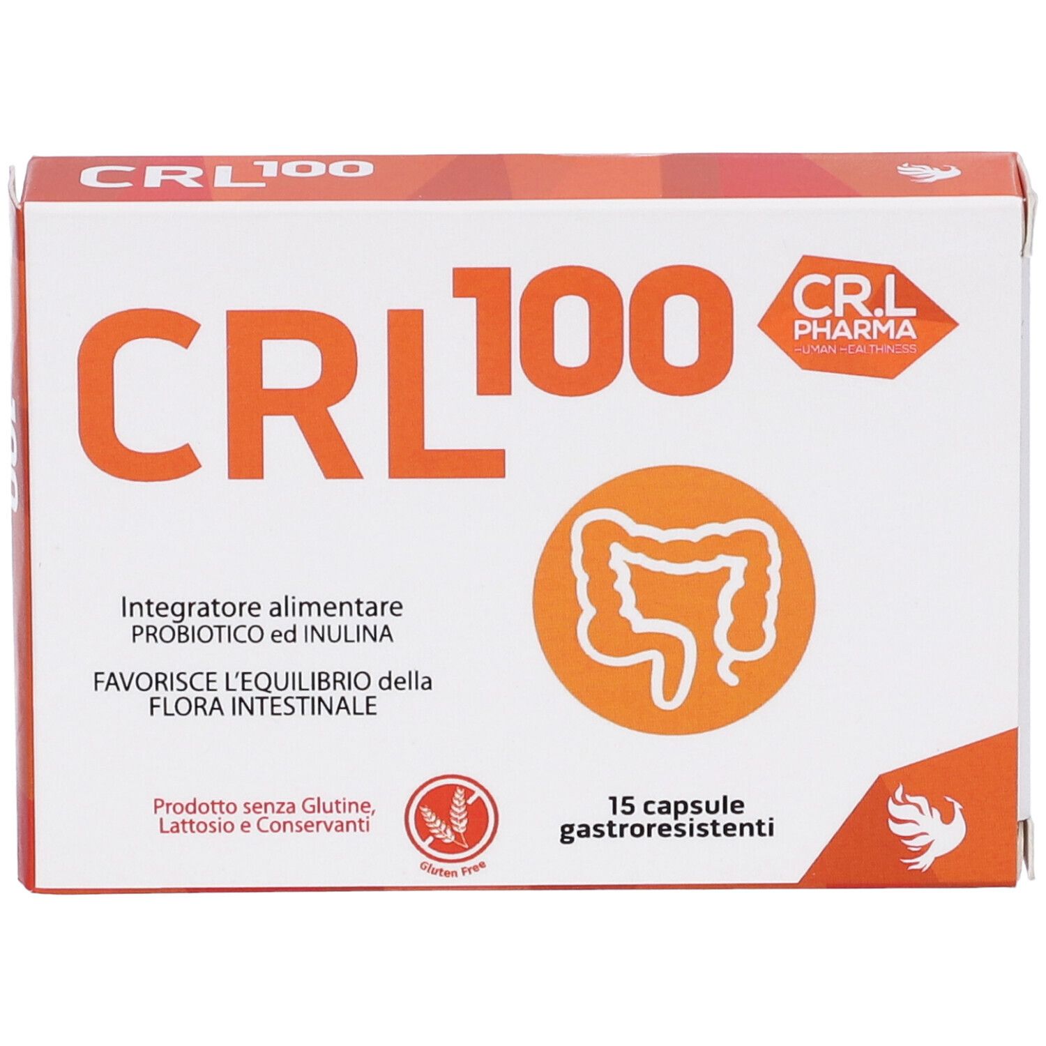 Scatola con scritta: CRL 100. Logo con simbolo intestinale. 15 capsule. Simbolo senza glutine.