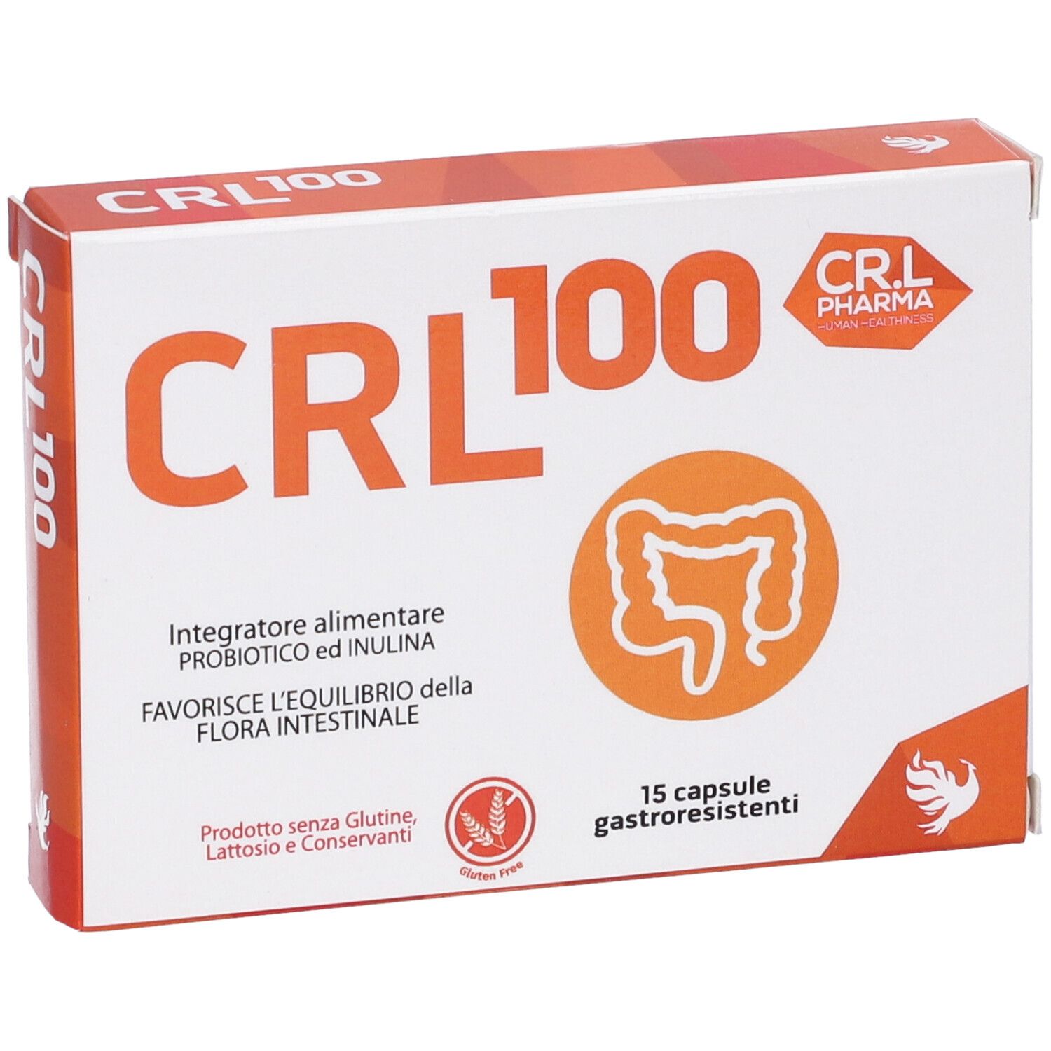 Scatola con scritta: CRL 100. Logo con simbolo intestinale. 15 capsule. Confezione del prodotto.