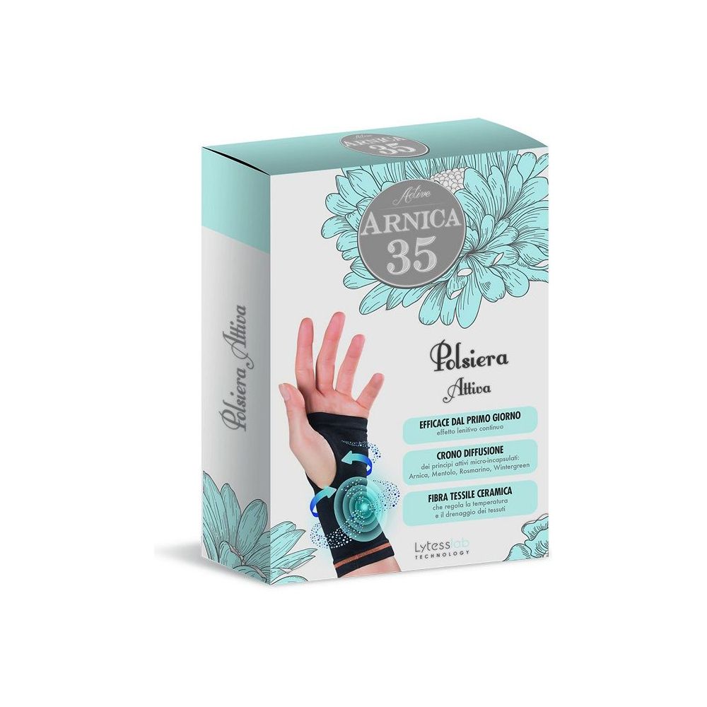 Confezione di Arnica 35 Active Polsiera Attiva. Immagine di mano con polsiera. Nome prodotto e caratteristiche.