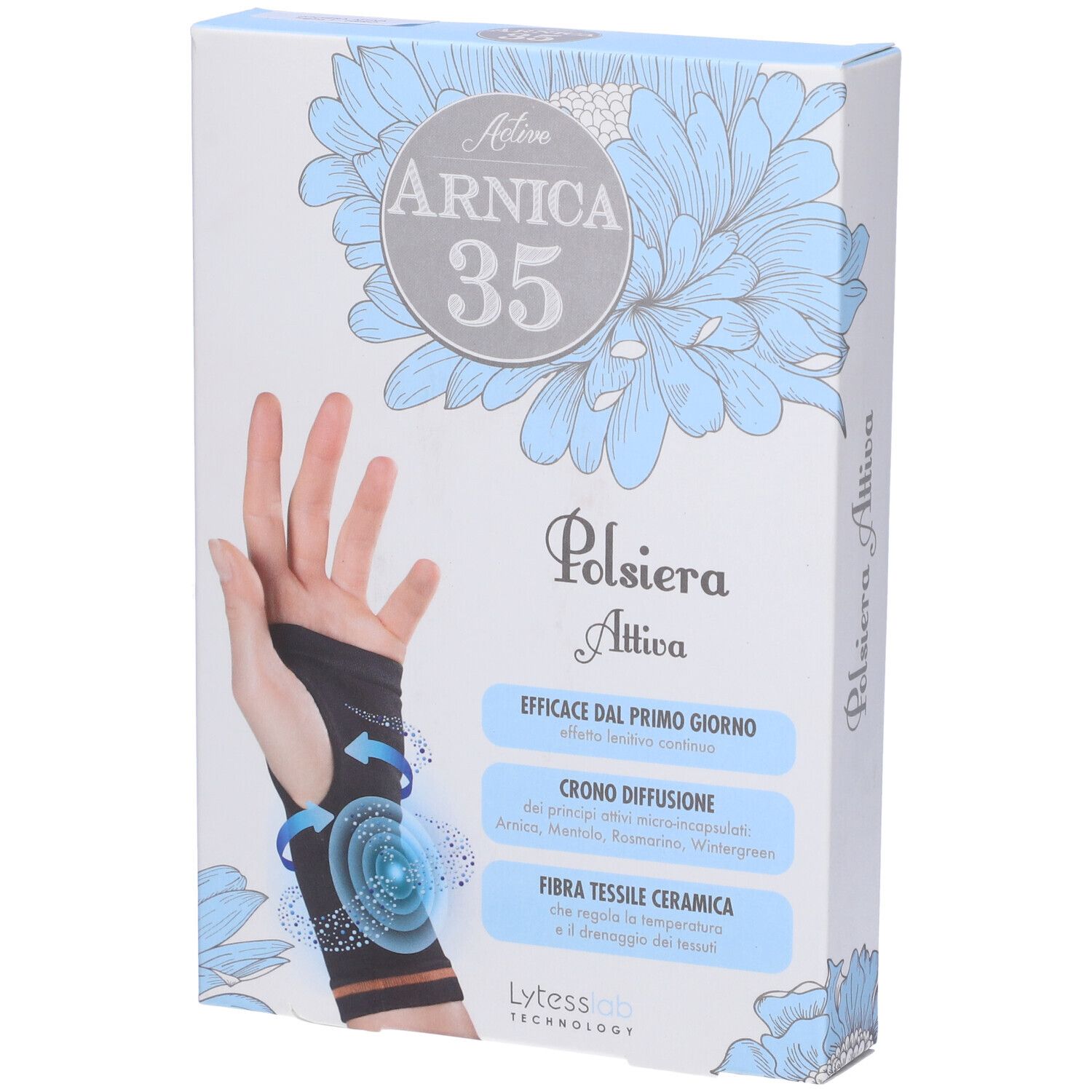 Confezione di Arnica 35 Active Polsiera Attiva. Mano con polsiera. Nome e caratteristiche del prodotto.