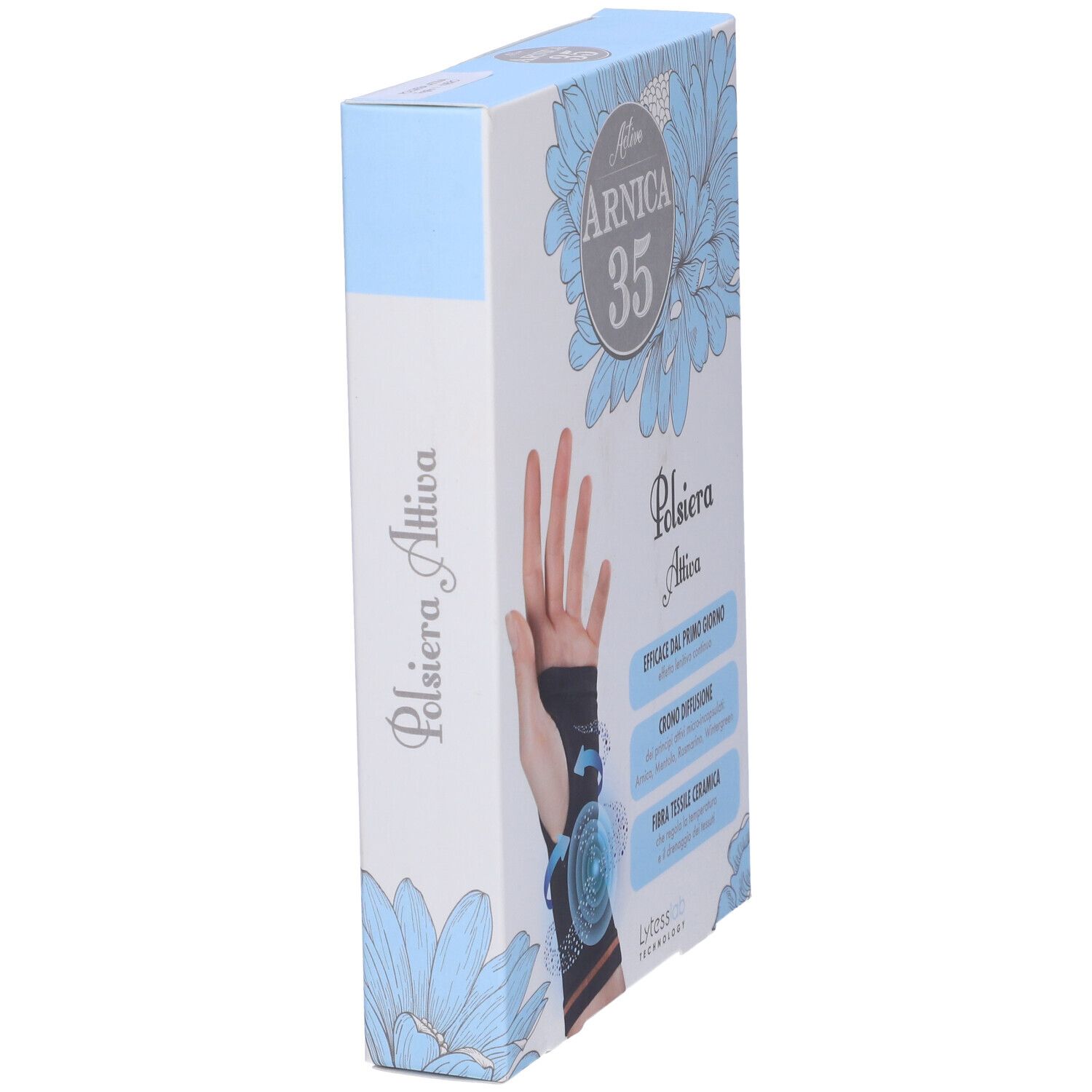 Confezione di Arnica 35 Active Polsiera Attiva. Mano con polsiera. Nome e caratteristiche del prodotto.