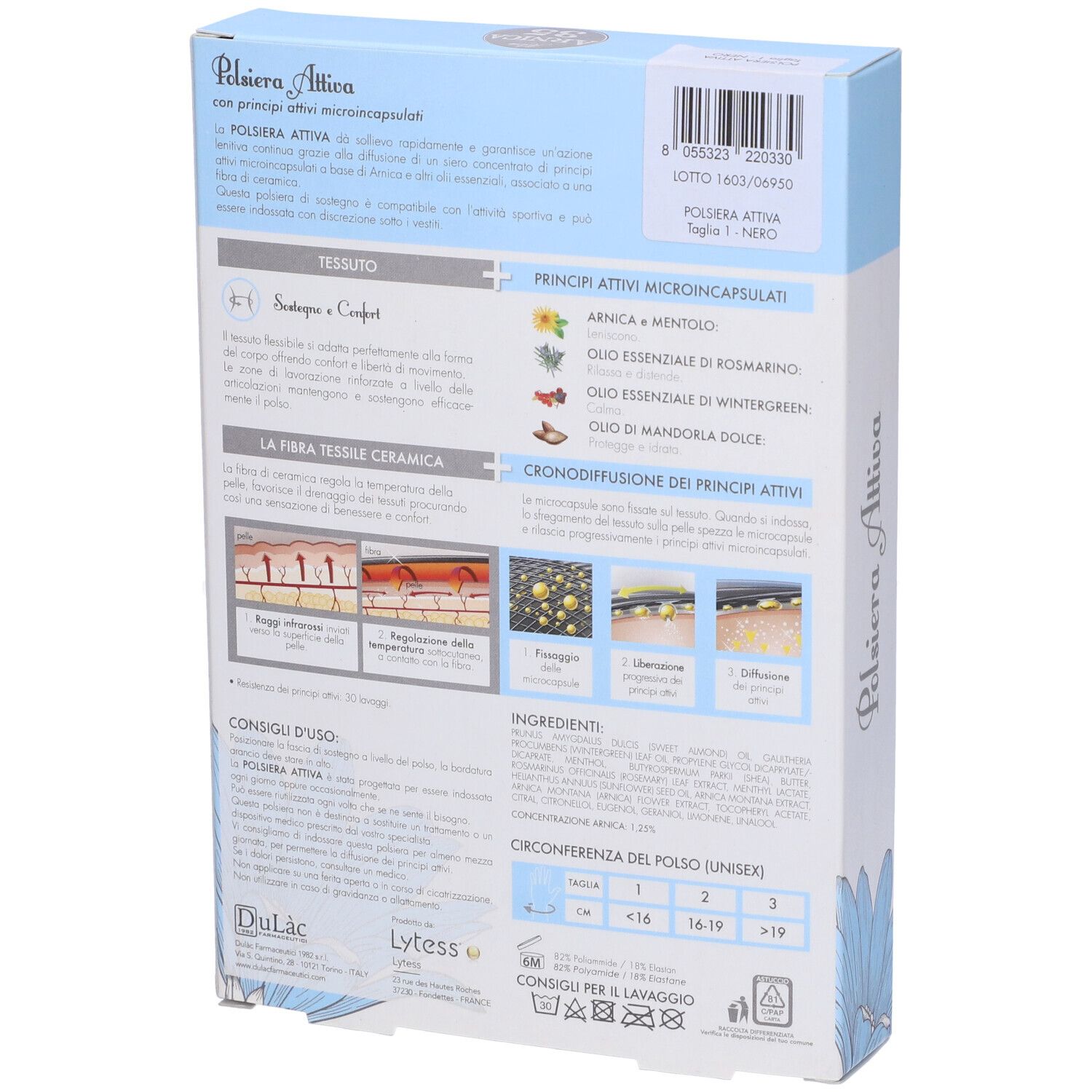 Retro della confezione Arnica 35 Active Polsiera Attiva. Informazioni, ingredienti e taglie.