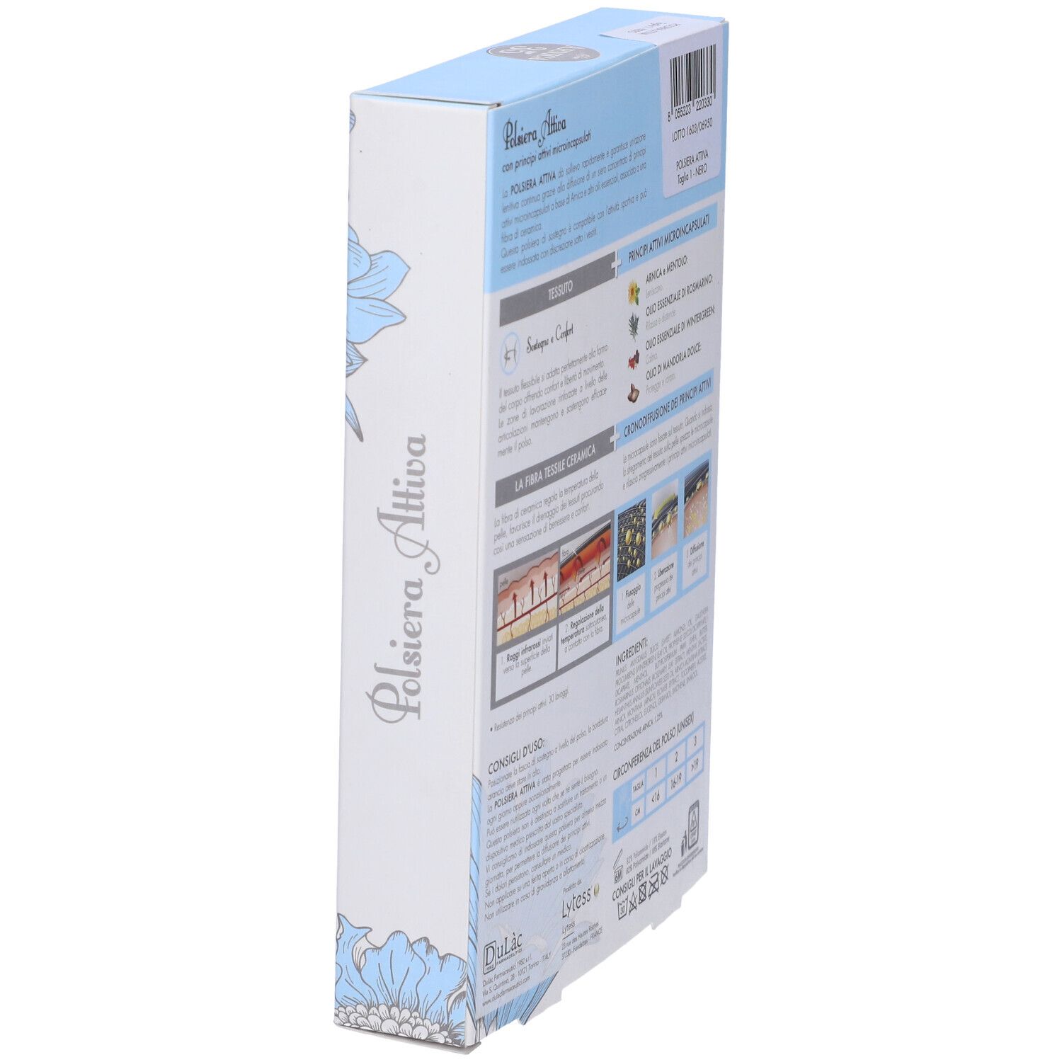 Retro della confezione Arnica 35 Active Polsiera Attiva. Informazioni, ingredienti e taglie.
