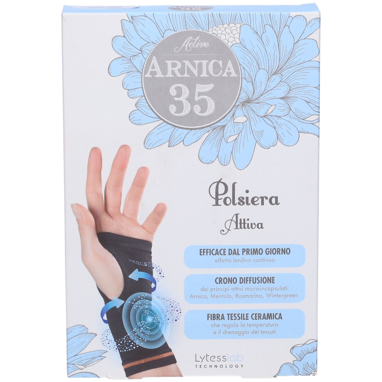 Confezione di Arnica 35 Active Polsiera Attiva. Mano con polsiera. Nome e caratteristiche del prodotto.