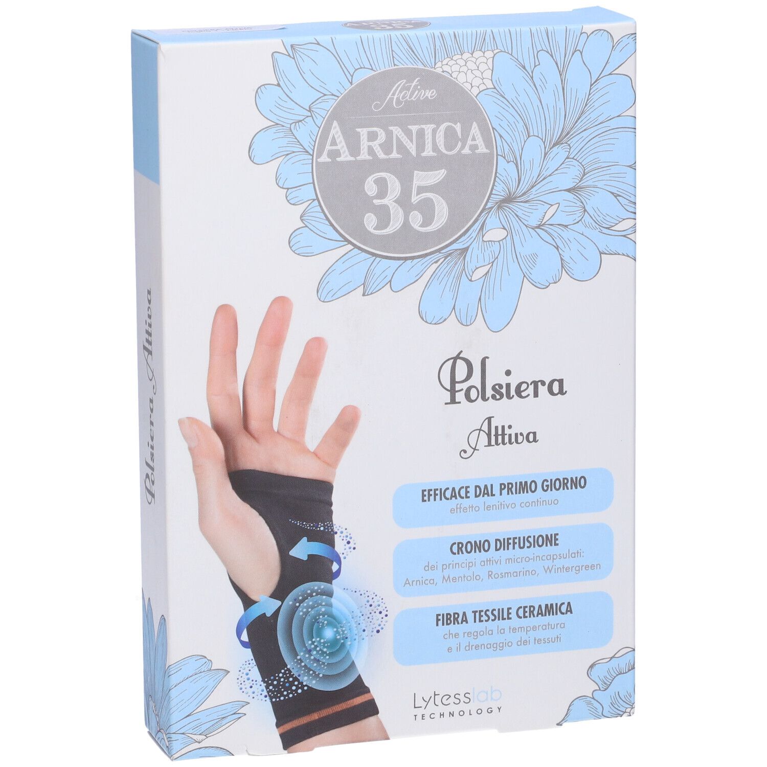 Confezione di Arnica 35 Active Polsiera Attiva. Mano con polsiera. Nome e caratteristiche del prodotto.