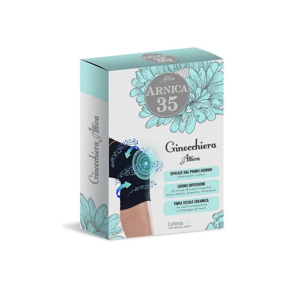 Confezione di Arnica 35 Active Ginocchiera. Scritte: Arnica 35, Ginocchiera, Effetti dal primo giorno, Crono diffusione, Fibra tessile ceramica.