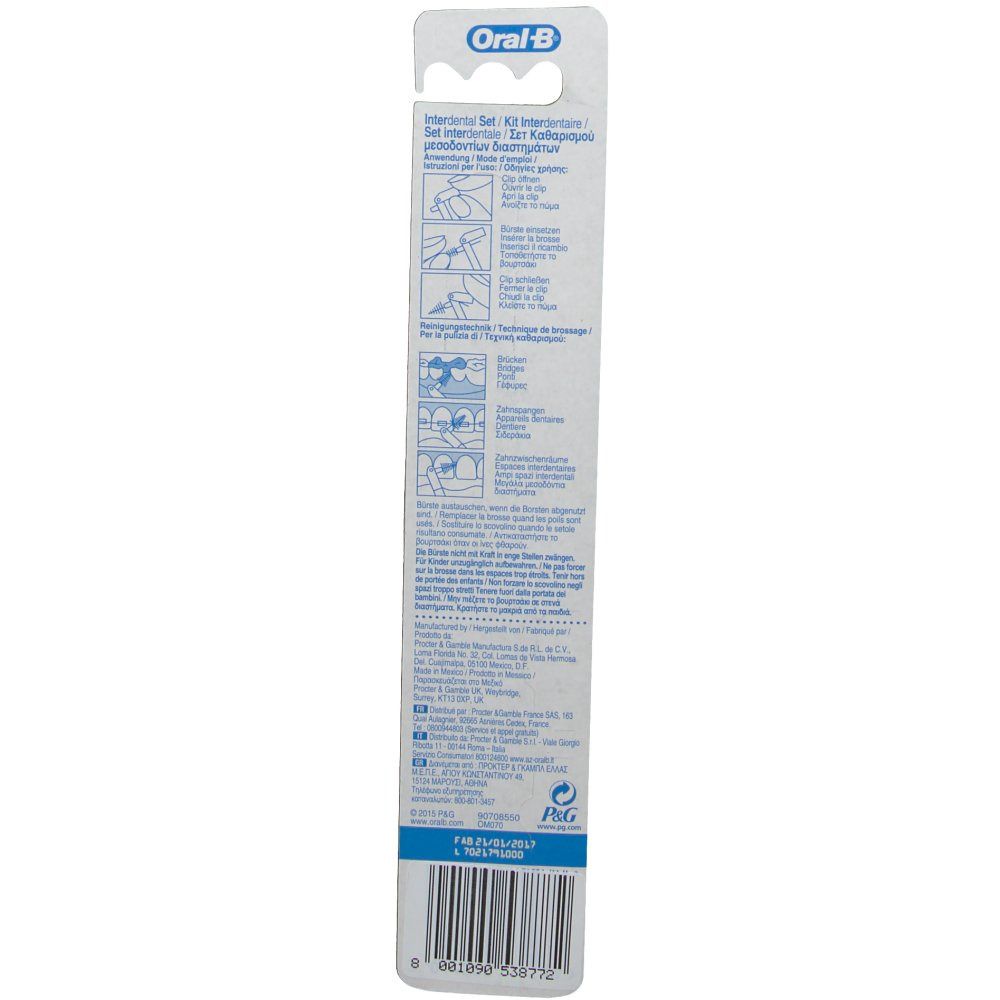Rückseite der Verpackung des Oral-B Interdental-Sets. Enthält Produktinformationen und Anweisungen in mehreren Sprachen.