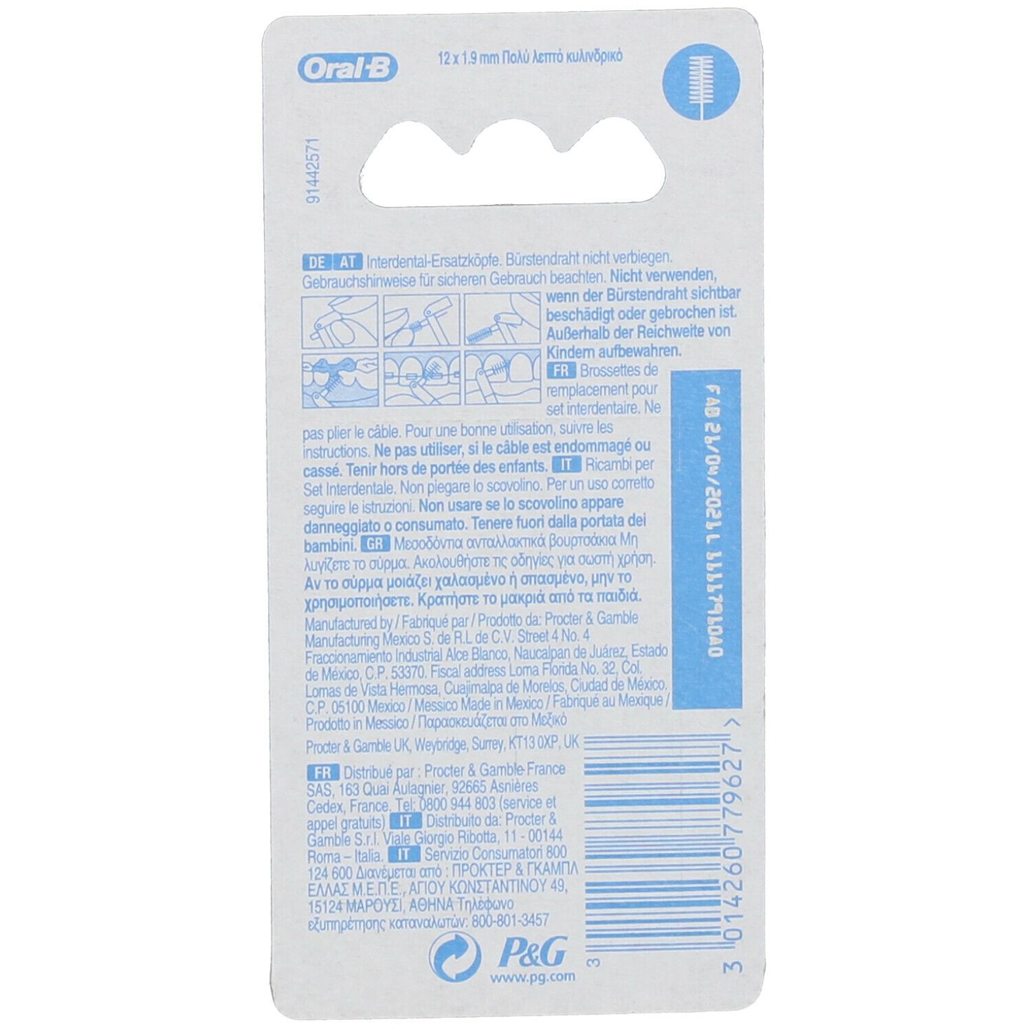 Retro della confezione. Testo multilingue. Marchio Oral-B. Illustrazioni d'uso.