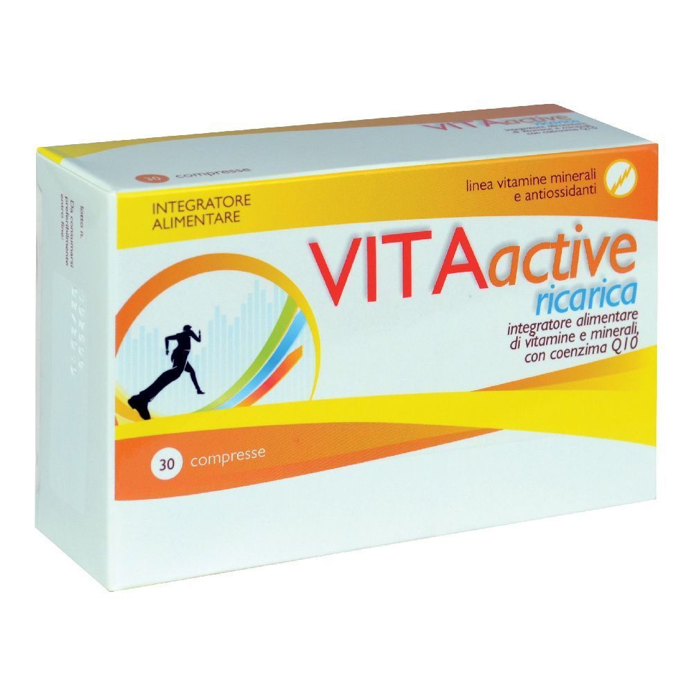 Confezione di Vita Active Ricarica Compresse. Scritta: 30 compresse, vitamine e minerali.