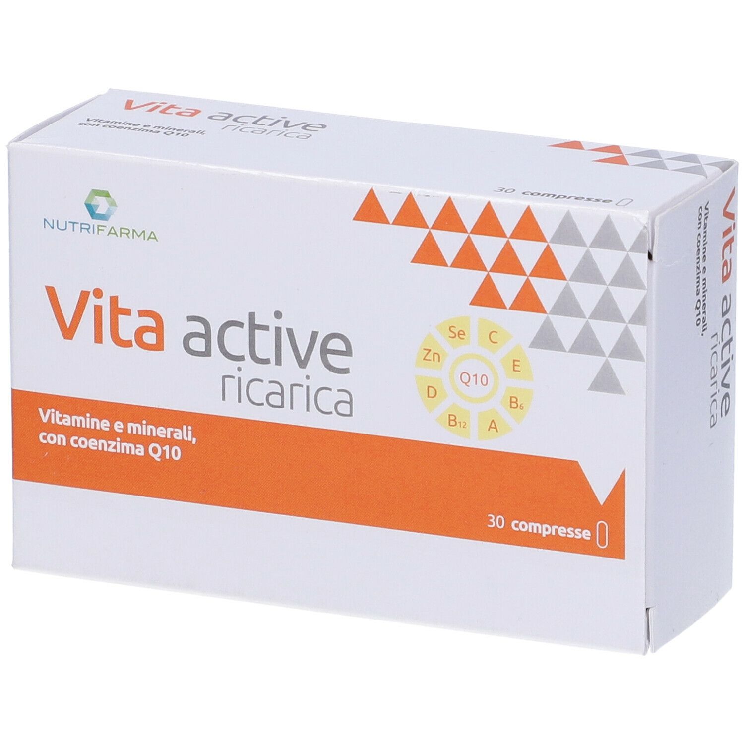 Confezione Vita Active Ricarica. Scritta: 30 compresse, vitamine e minerali, Q10.