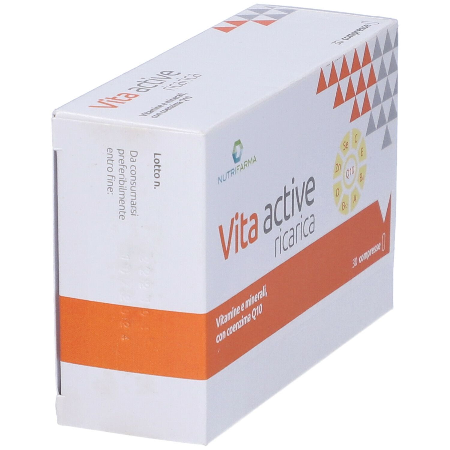Confezione Vita Active Ricarica. Scritta: 30 compresse, vitamine e minerali, Q10.