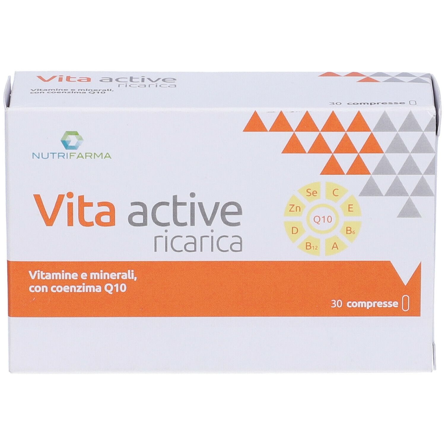 Confezione Vita Active Ricarica. Scritta: 30 compresse, vitamine e minerali, Q10.
