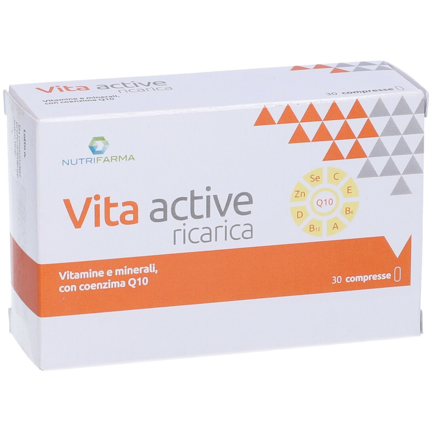 Confezione Vita Active Ricarica. Scritta: 30 compresse, vitamine e minerali, Q10.