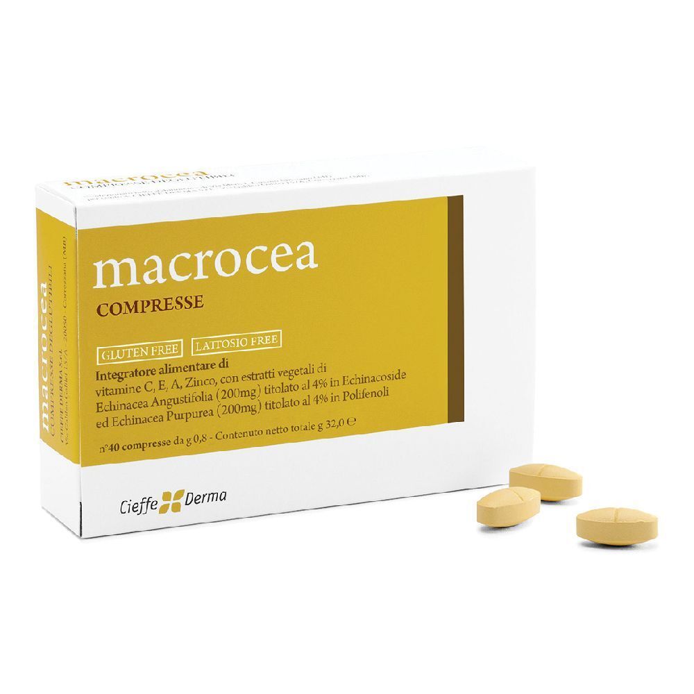 Scatola di compresse macrocea. Scritto: macrocea compresse. Senza glutine e lattosio. Logo Cieffe Derma. Alcune compresse accanto.