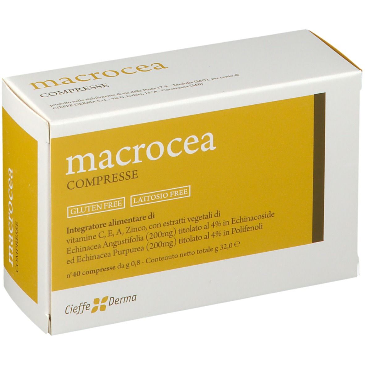 Scatola di compresse macrocea. Scritto: macrocea compresse. Senza glutine e lattosio. Logo Cieffe Derma. Sfondo giallo.