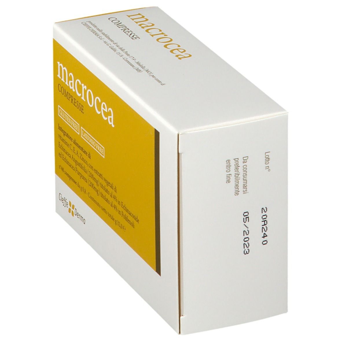 Scatola di compresse macrocea. Scritto: macrocea compresse. Senza glutine e lattosio. Logo Cieffe Derma. Sfondo giallo.