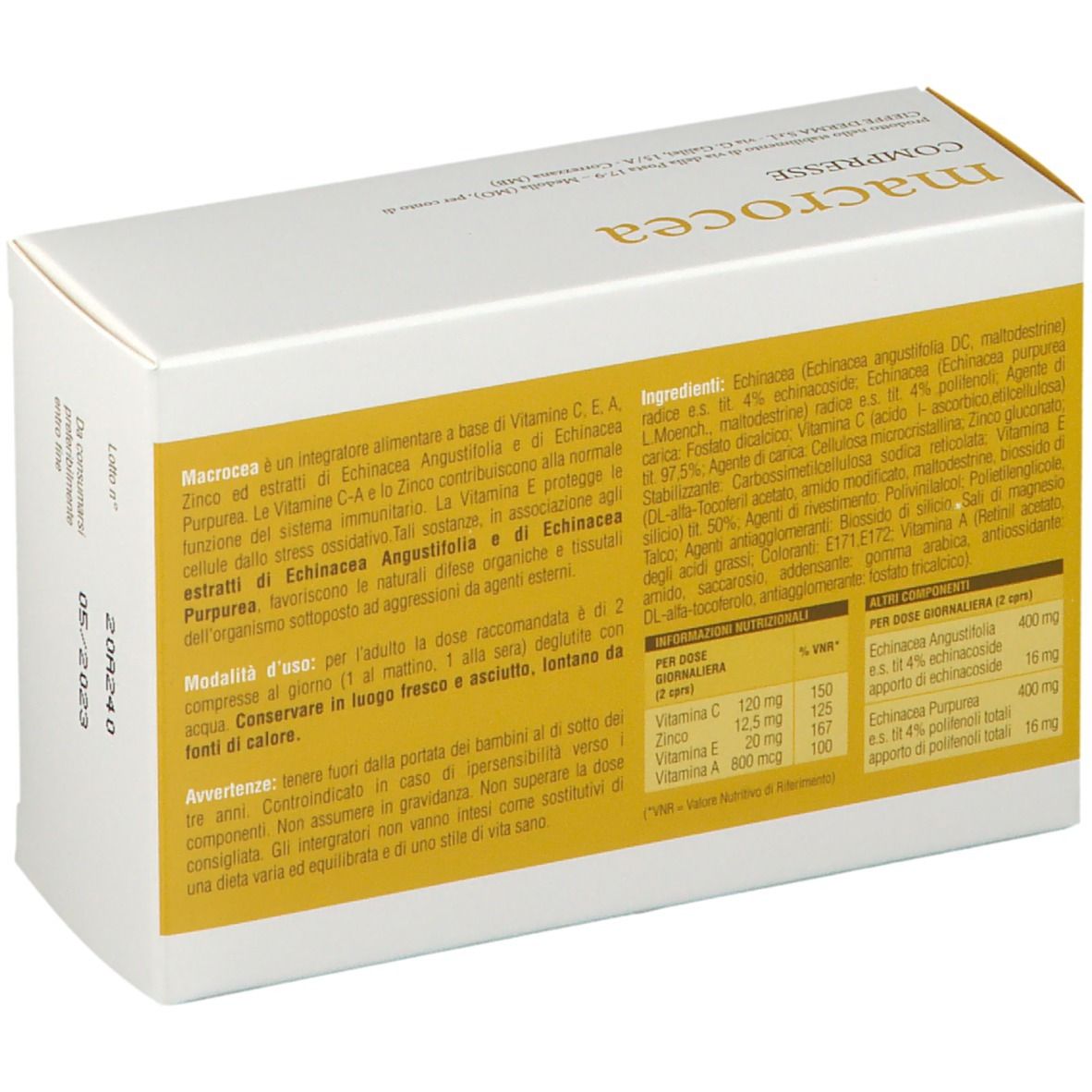 Scatola di compresse macrocea. Retro con ingredienti e dosaggio. Logo Cieffe Derma.