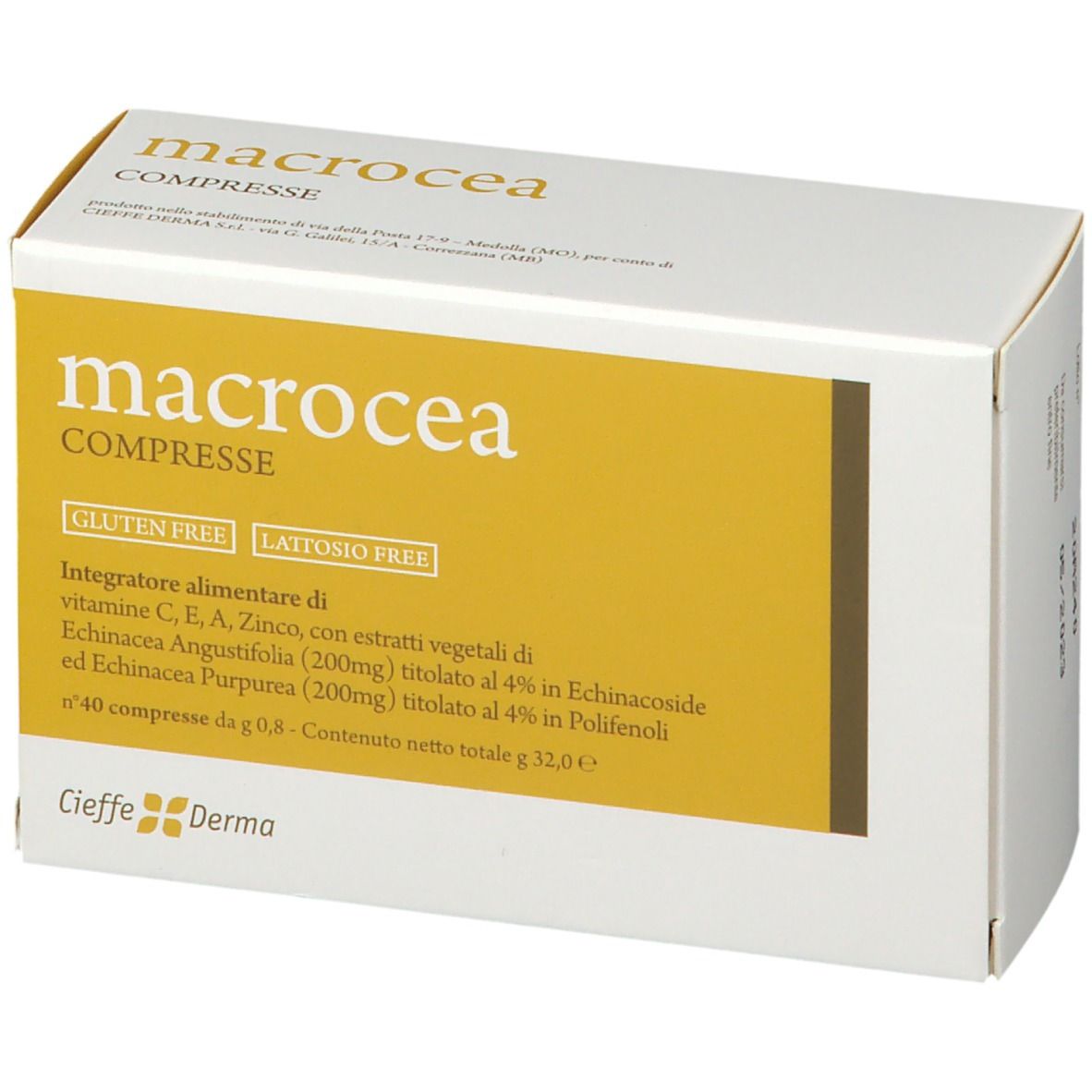 Scatola di compresse macrocea. Scritto: macrocea compresse. Senza glutine e lattosio. Logo Cieffe Derma. Sfondo giallo.