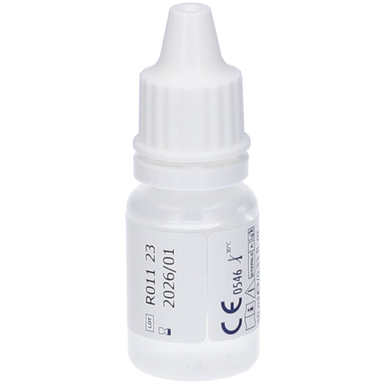 Weiße Augentropfenflasche mit blauem Etikett. Text: TONIMER LAB, Gocce Oculari Eye Drops. Losnummer und Verfallsdatum.