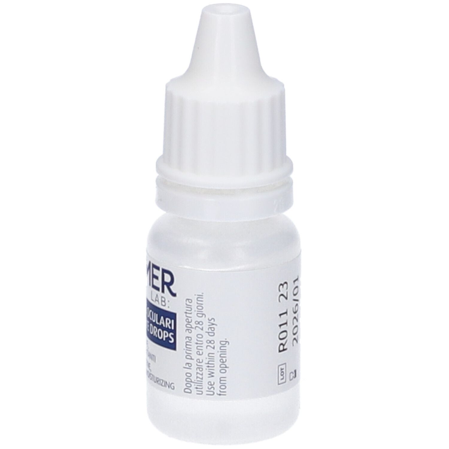 Weiße Augentropfenflasche mit blauem Etikett. Text: TONIMER LAB, Gocce Oculari Eye Drops. Gebrauch innerhalb von 28 Tagen nach Öffnung.