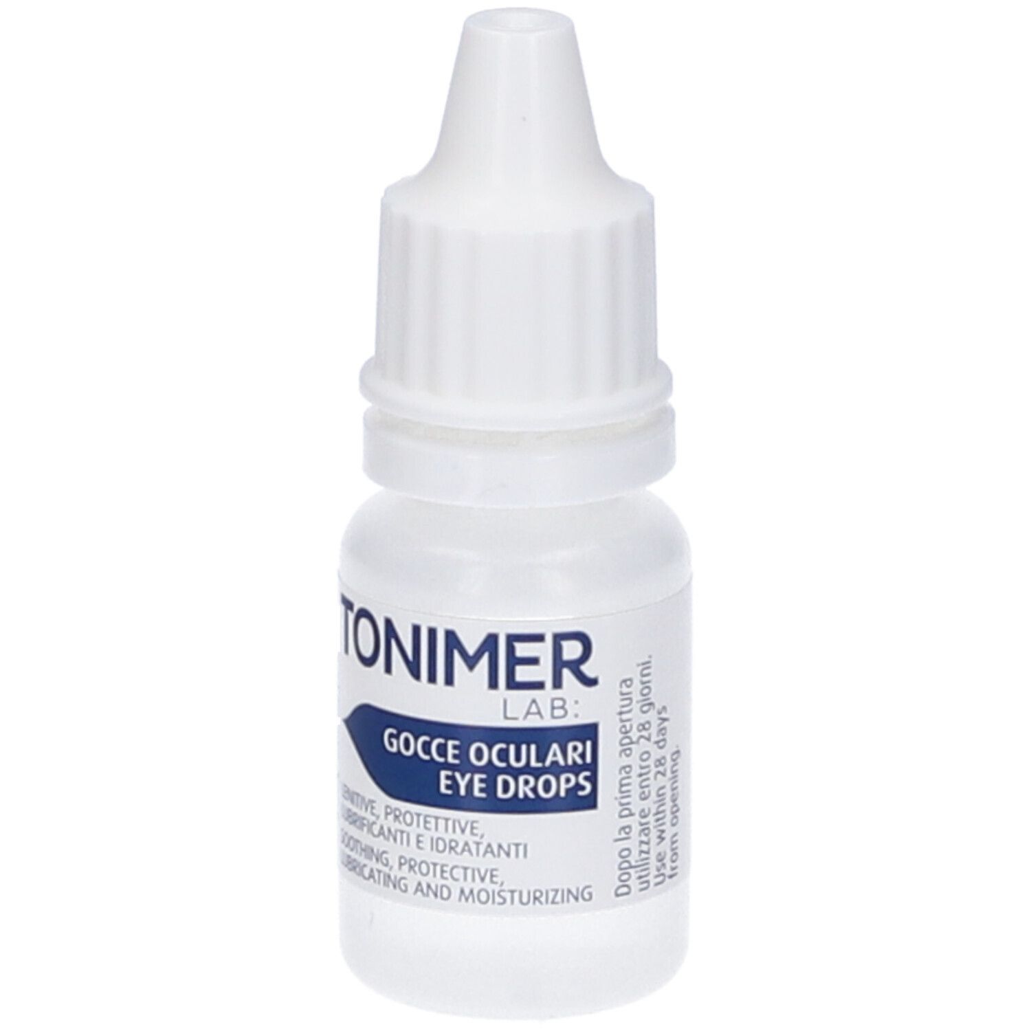 Weiße Augentropfenflasche mit blauem Etikett. Text: TONIMER LAB, Gocce Oculari Eye Drops. Beruhigend, schützend, befeuchtend.