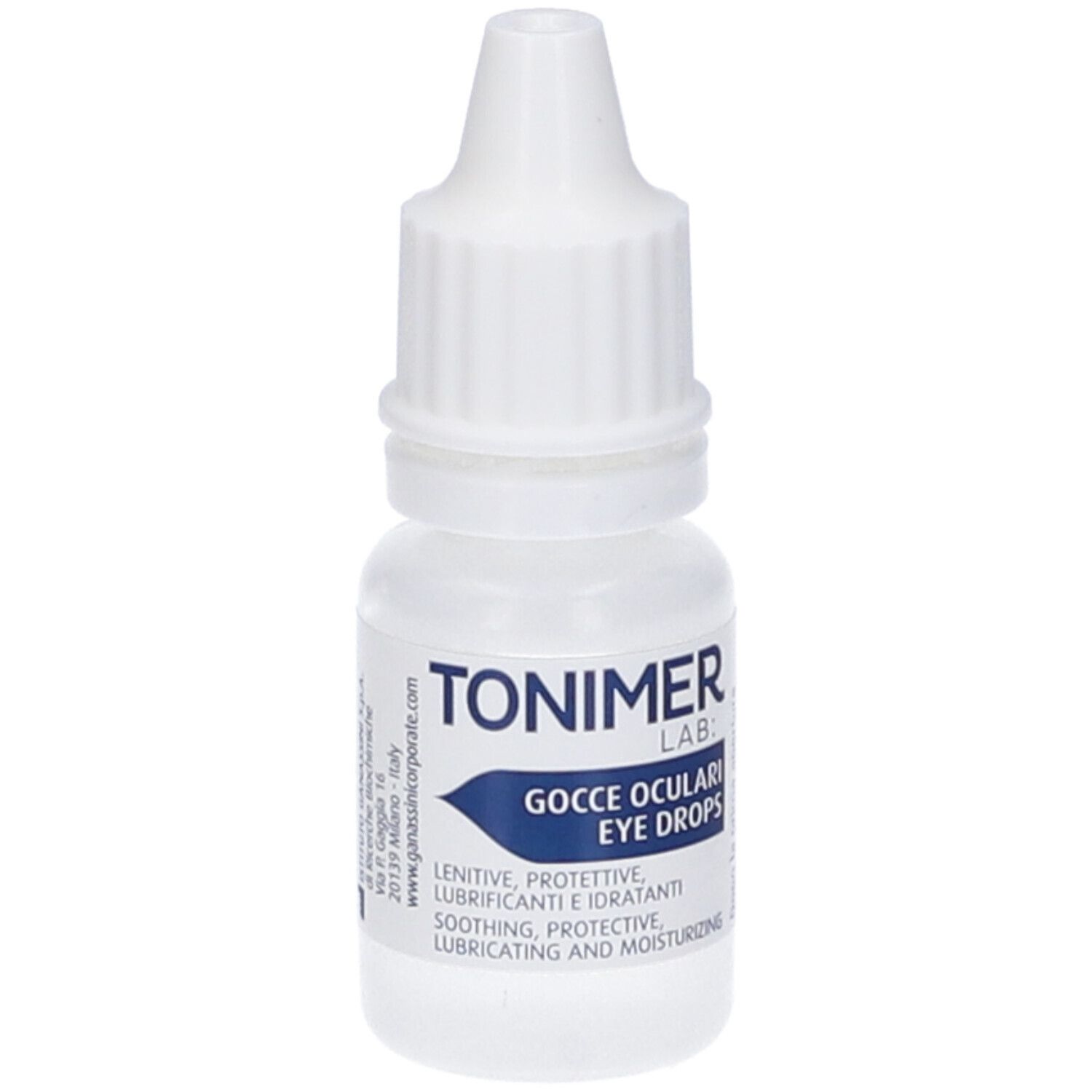 Weiße Augentropfenflasche mit blauem Etikett. Text: TONIMER LAB, Gocce Oculari Eye Drops. Beruhigend, schützend, befeuchtend.