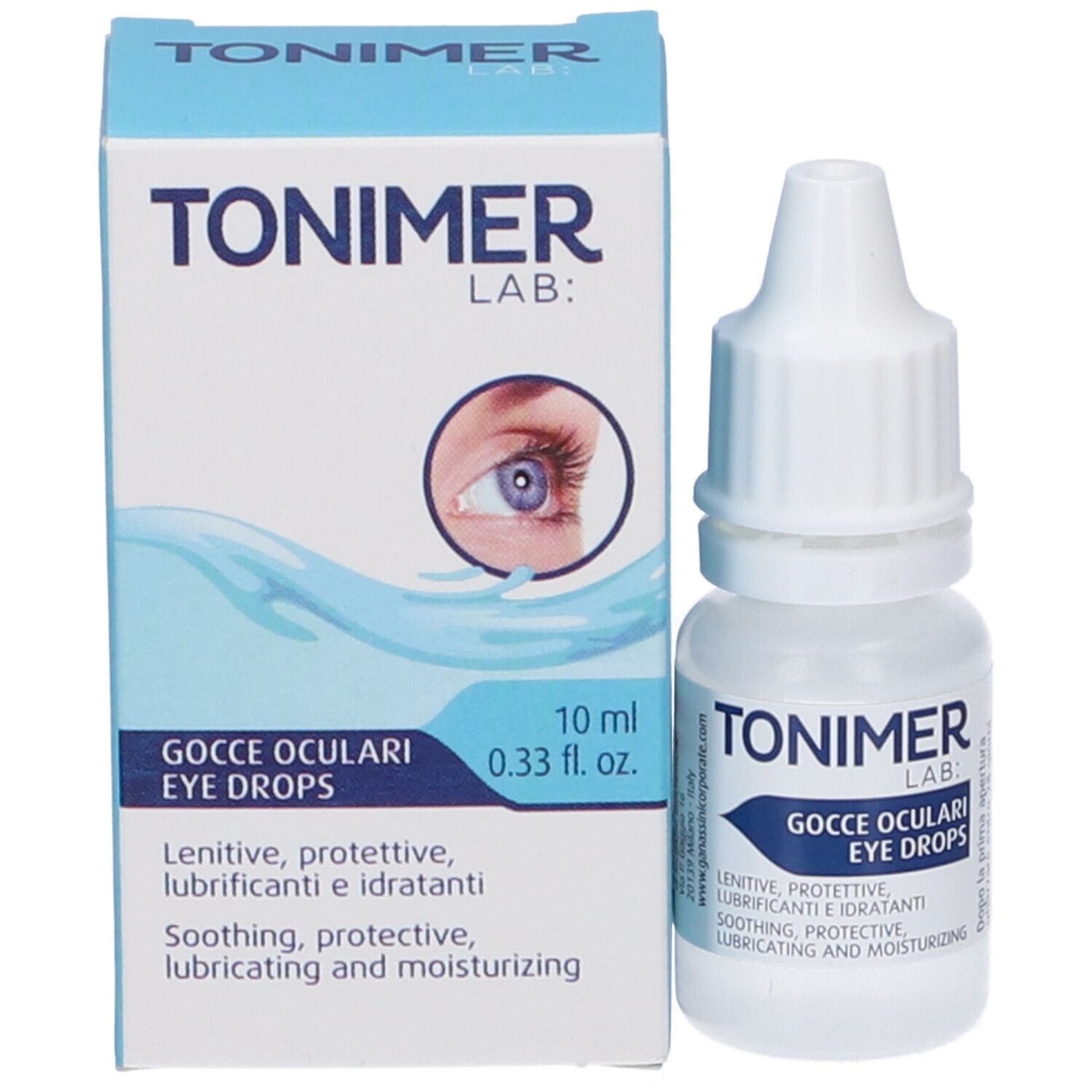 Augentropfenflasche und Schachtel. Text: TONIMER LAB, Gocce Oculari Eye Drops. 10 ml. Abbildung eines Auges.