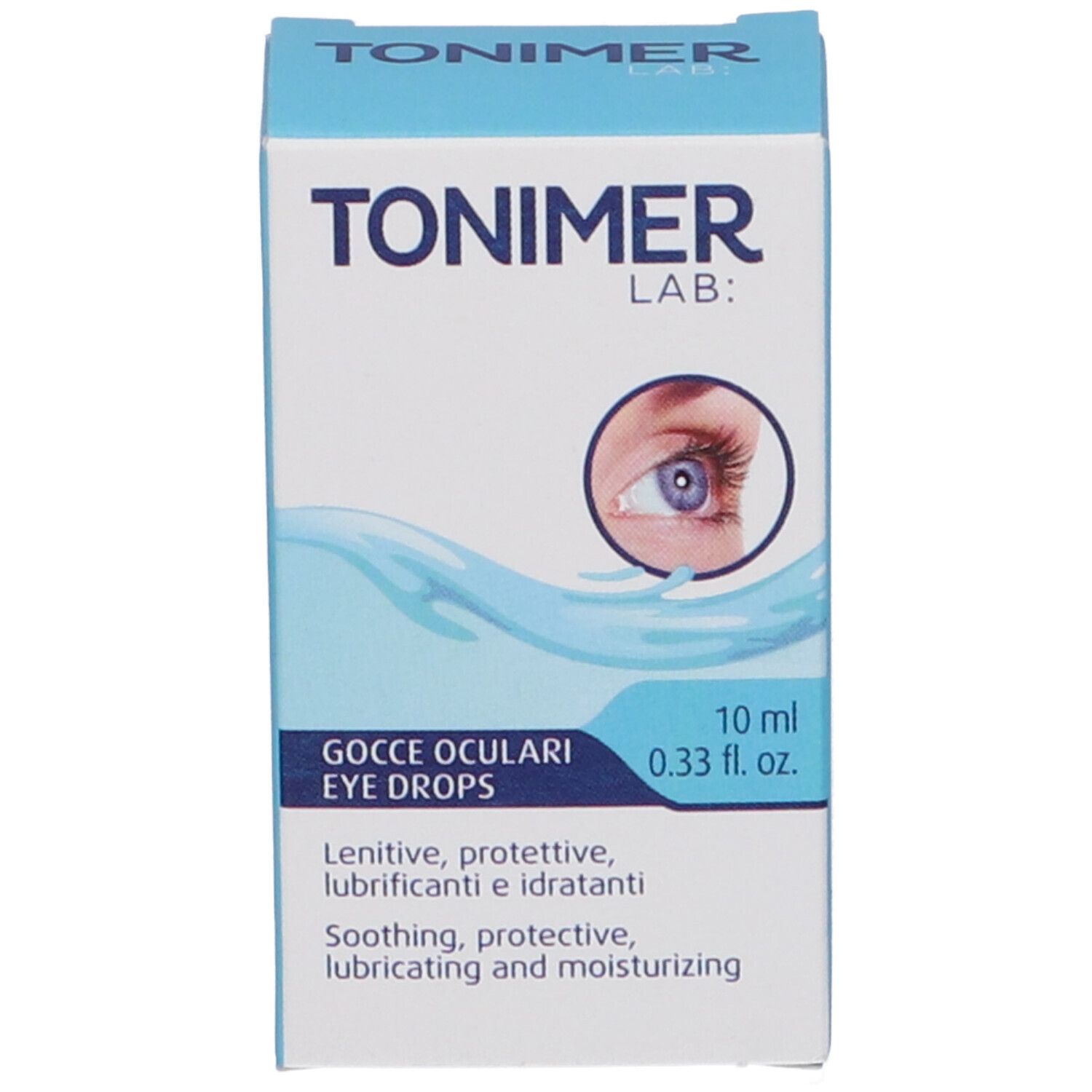 Schachtel mit Augentropfen. Text: TONIMER LAB, Gocce Oculari Eye Drops. 10 ml. Abbildung eines Auges in Wasser.
