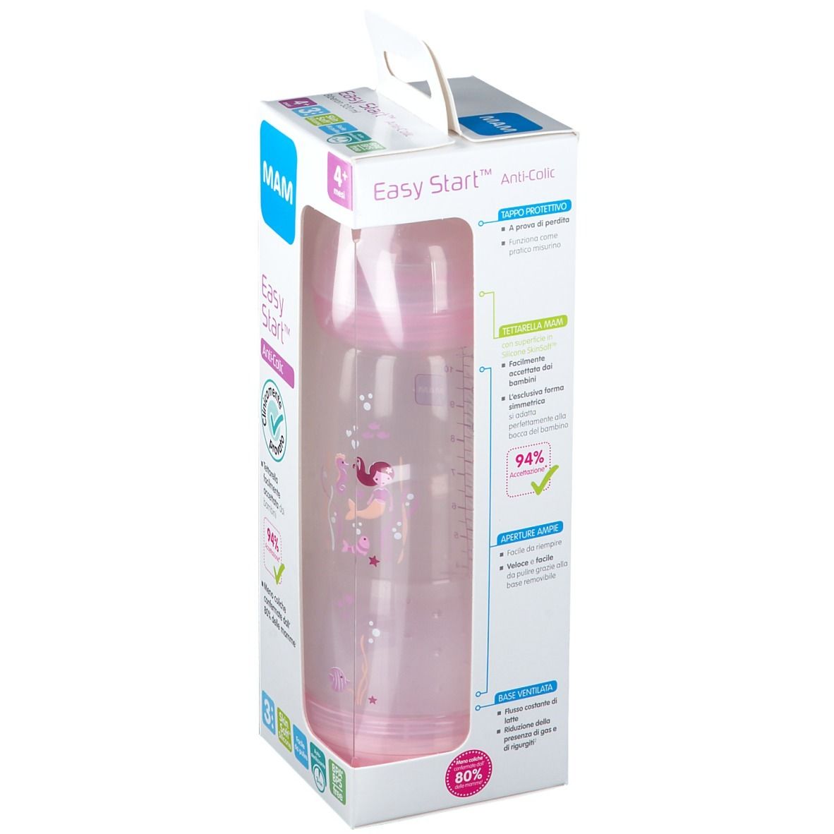 Biberon MAM Easy Start™ Anti-Colic in confezione. Bottiglia rosa con decoro sirena. Età consigliata: 4+ mesi. Informazioni sul prodotto sulla confezione.