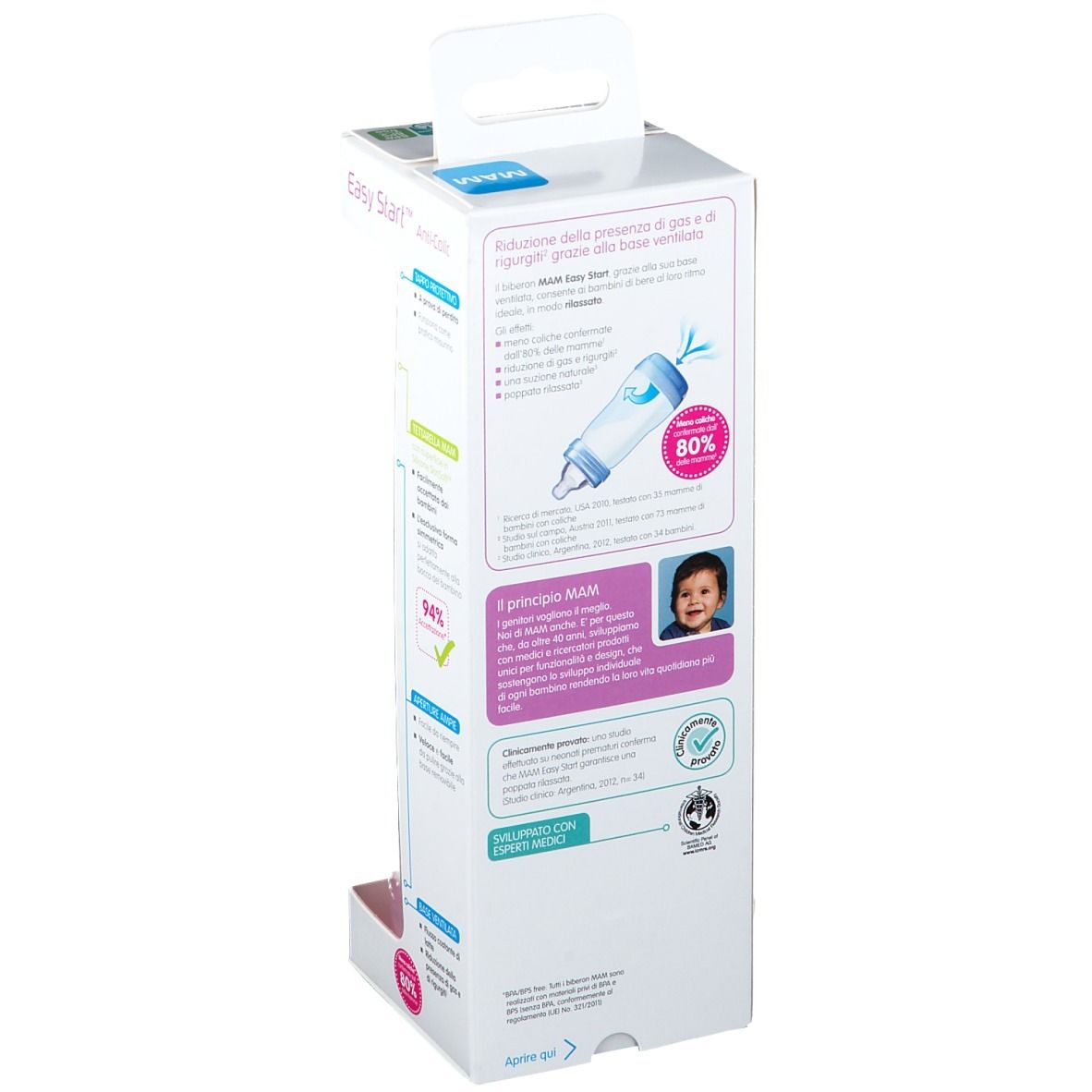 Retro della confezione MAM Easy Start™ Anti-Colic. Illustrazioni e testo sulle caratteristiche del prodotto. Informazioni sulla riduzione delle coliche.