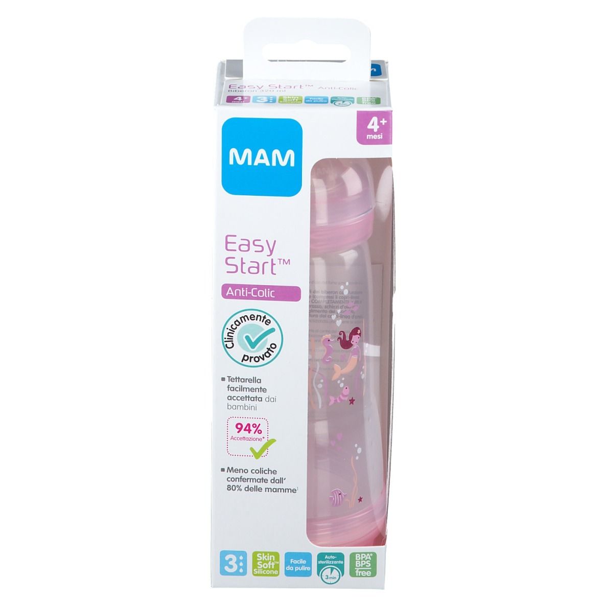Biberon MAM Easy Start™ Anti-Colic in confezione. Bottiglia rosa con decoro sirena. Età consigliata: 4+ mesi. Informazioni sul prodotto sulla confezione.