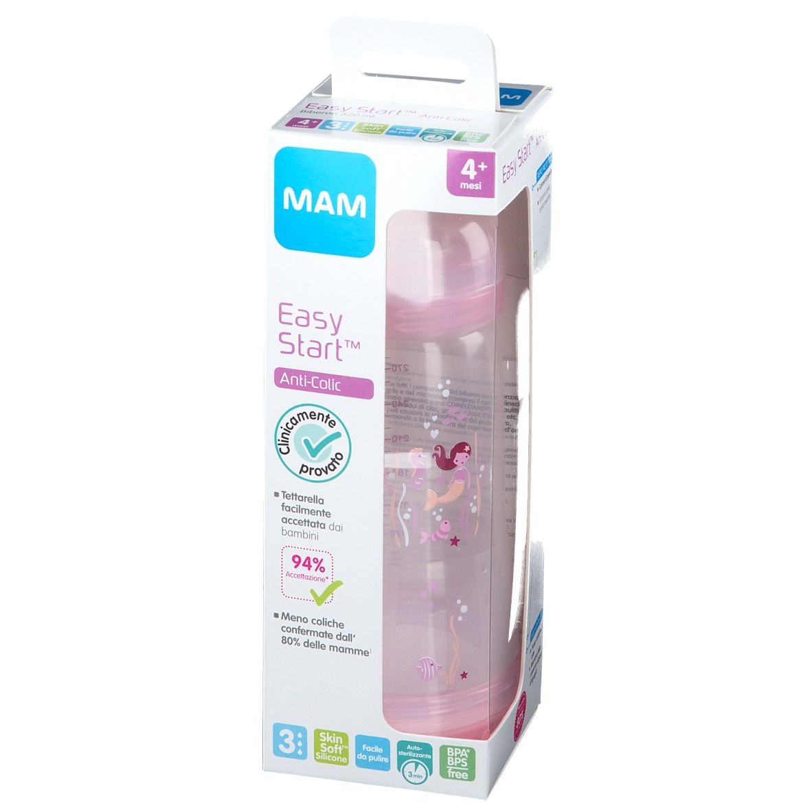 Biberon MAM Easy Start™ Anti-Colic in confezione. Bottiglia rosa con decoro sirena. Età consigliata: 4+ mesi. Informazioni sul prodotto sulla confezione.