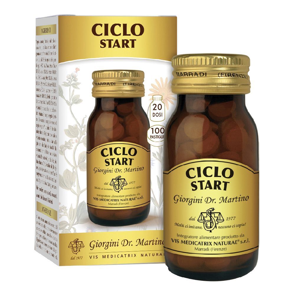 Flacone in vetro marrone con tappo dorato. Etichetta 'Ciclo Start' e 'Giorgini Dr. Martino'. Scatola sullo sfondo.
