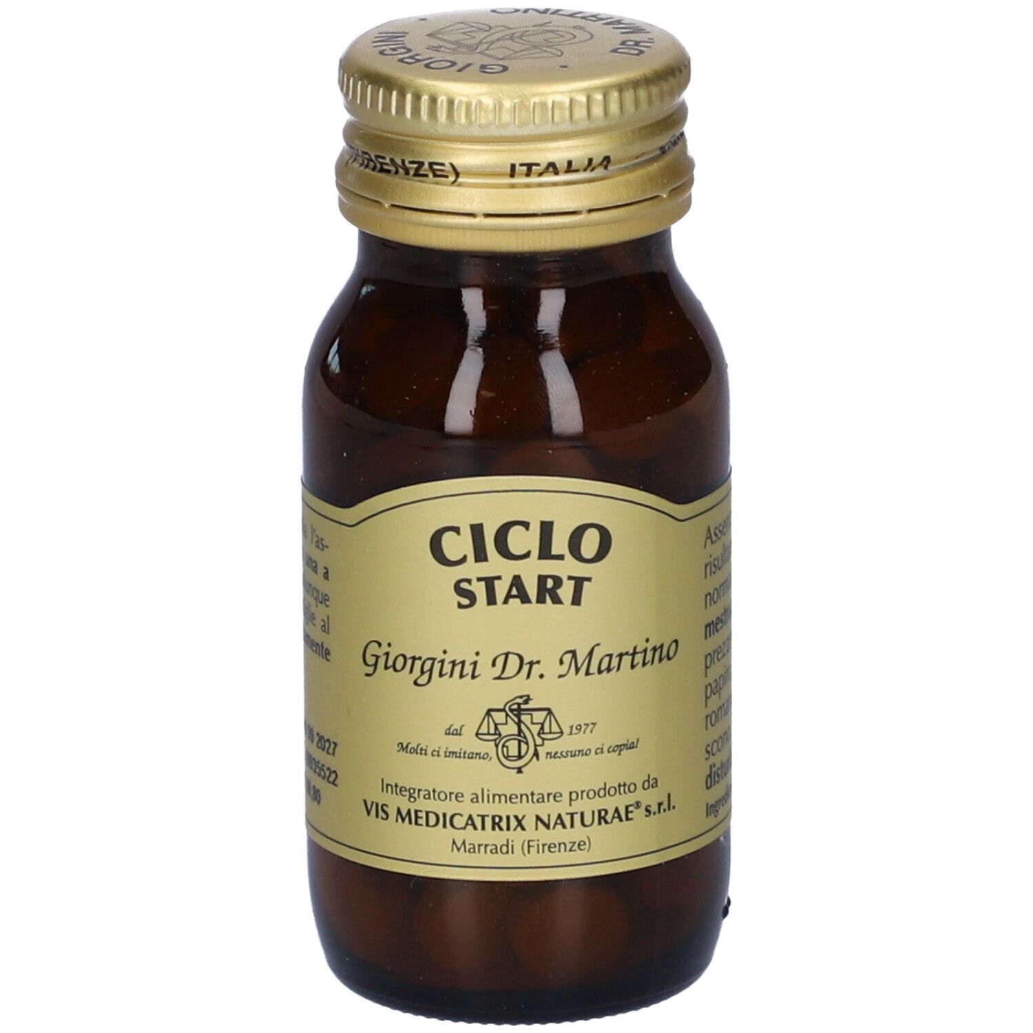 Flacone in vetro marrone con tappo dorato. Etichetta 'Ciclo Start' e 'Giorgini Dr. Martino'.