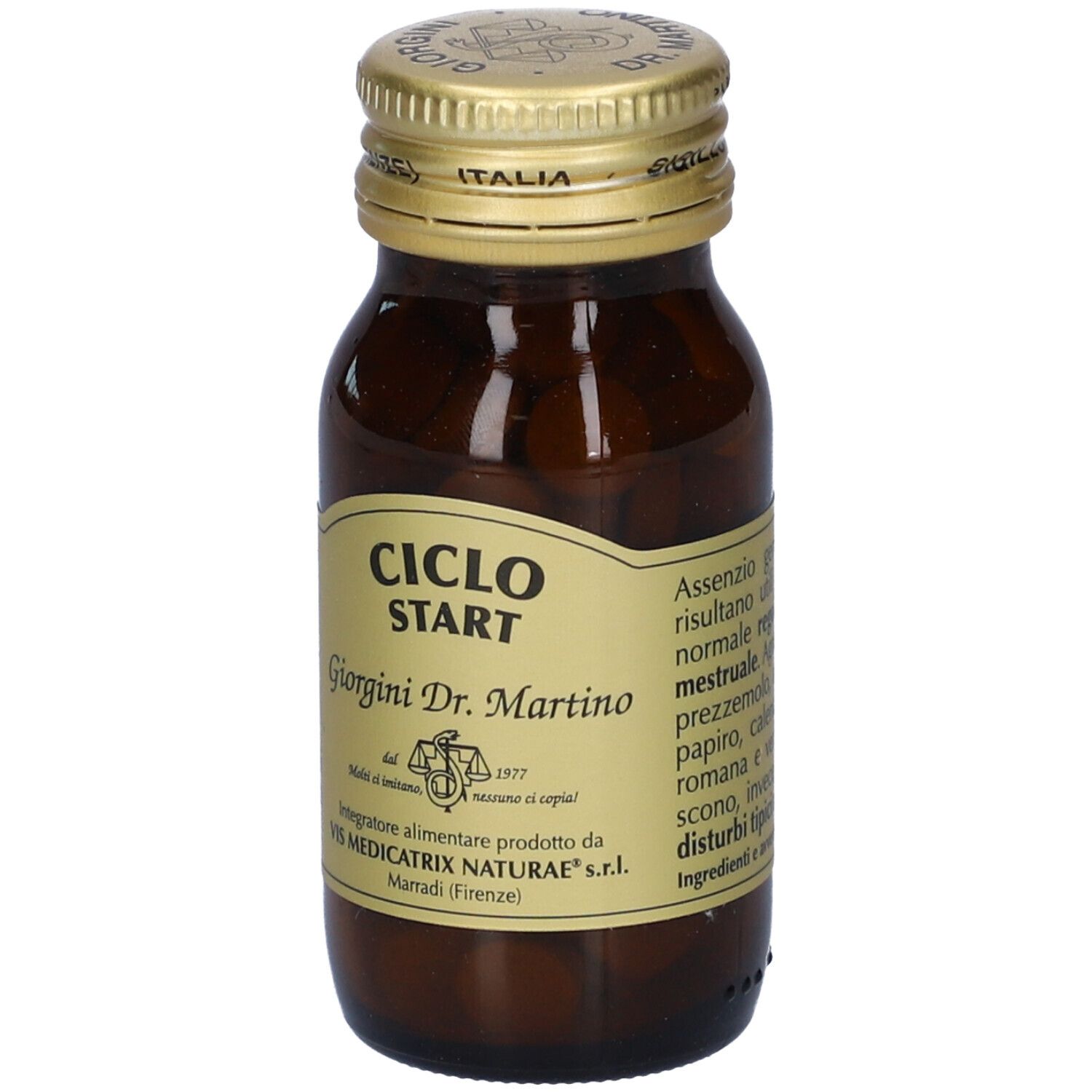 Flacone in vetro marrone con tappo dorato. Etichetta 'Ciclo Start' e 'Giorgini Dr. Martino'.