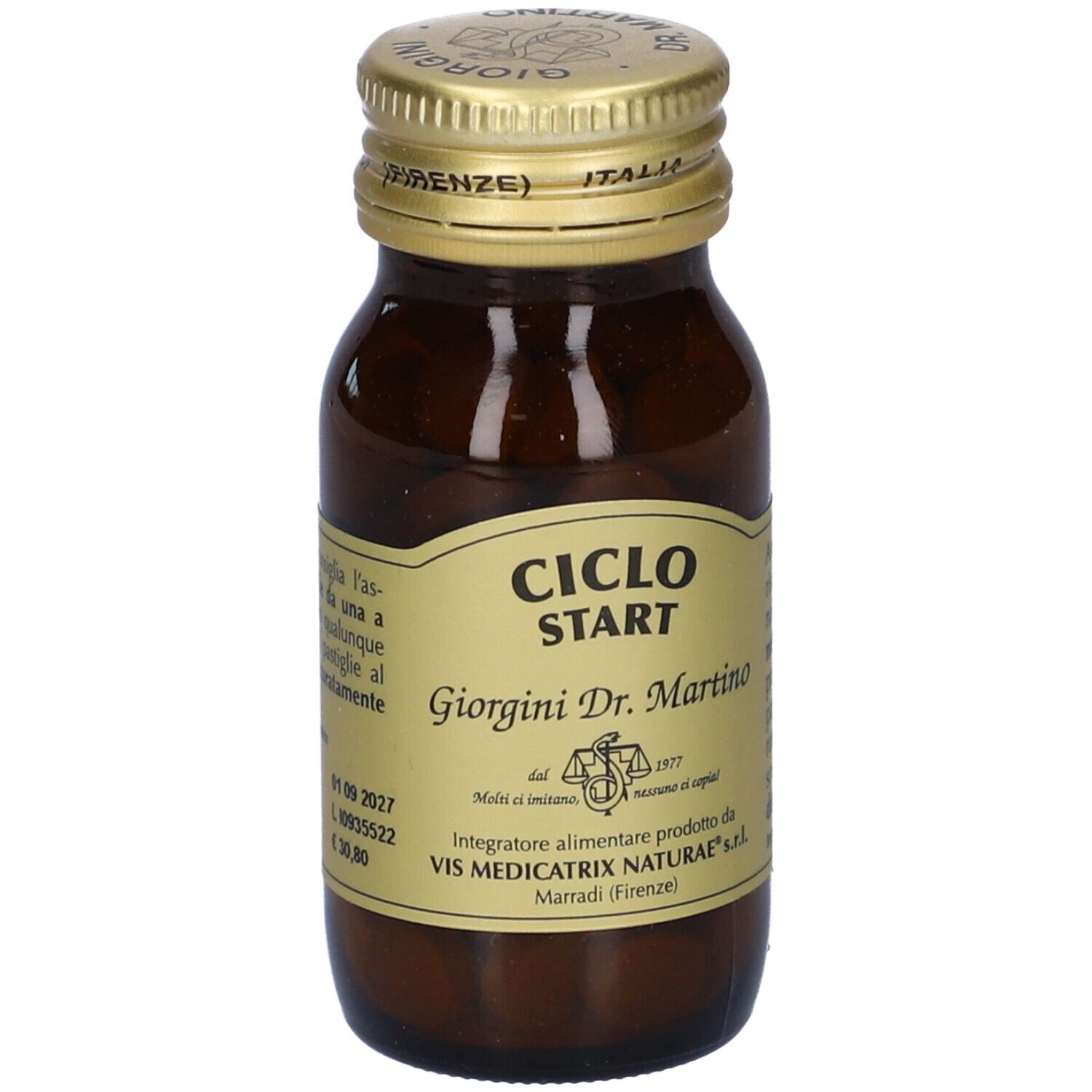 Flacone in vetro marrone con tappo dorato. Etichetta 'Ciclo Start' e 'Giorgini Dr. Martino'.