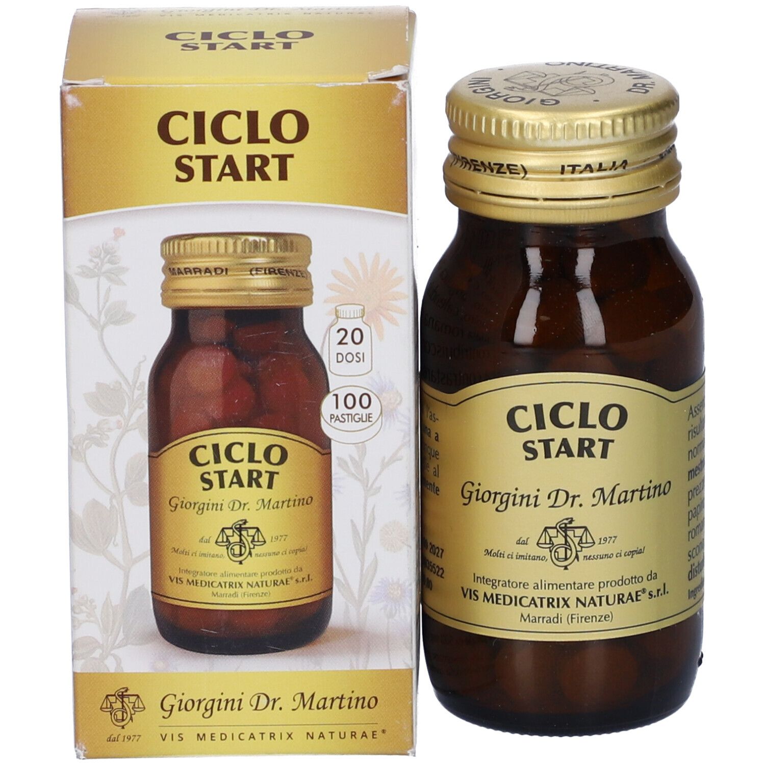 Flacone in vetro marrone con tappo dorato. Etichetta 'Ciclo Start' e 'Giorgini Dr. Martino'.