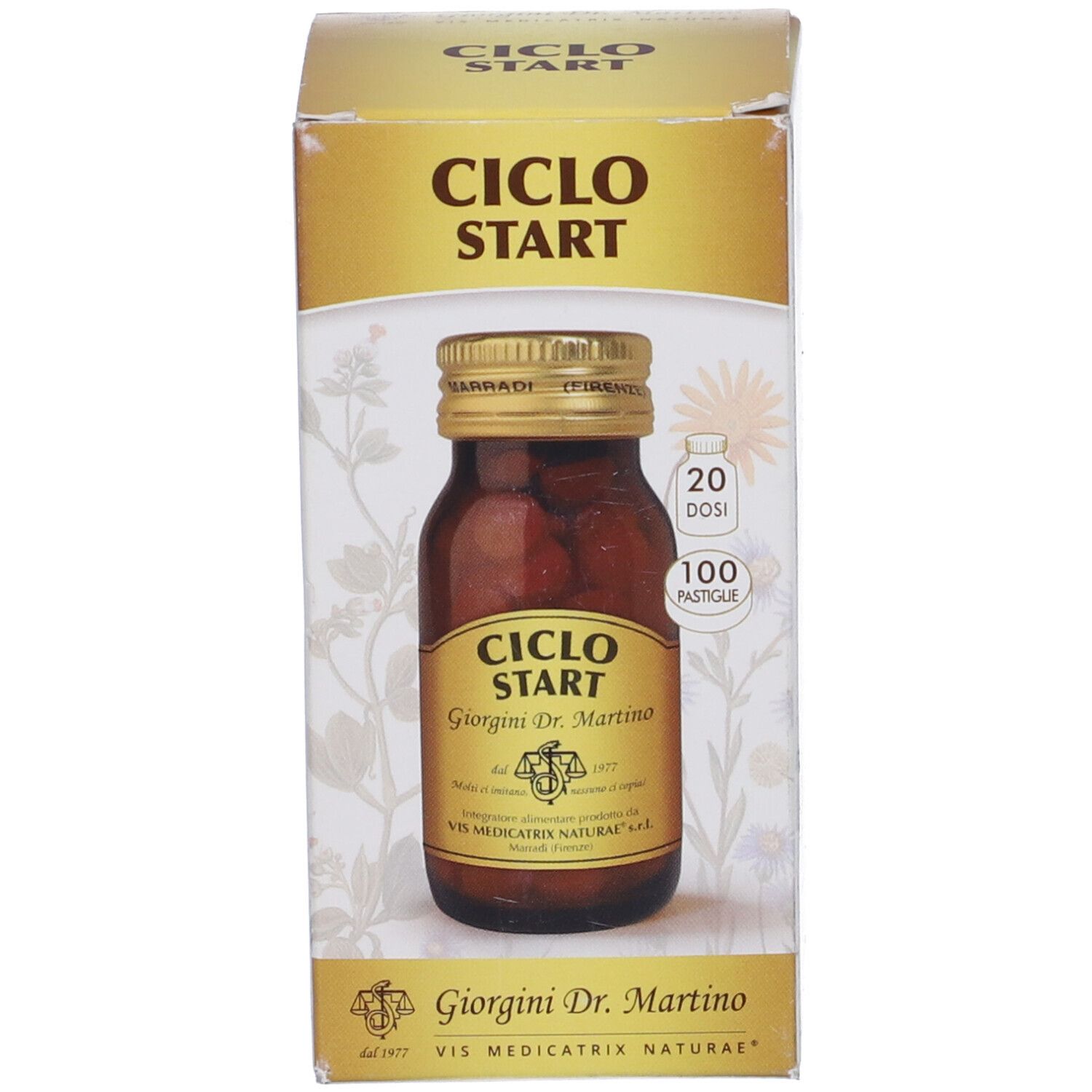 Confezione del prodotto con flacone e scatola. 'Ciclo Start' e 'Giorgini Dr. Martino' sull'etichetta e sulla scatola.