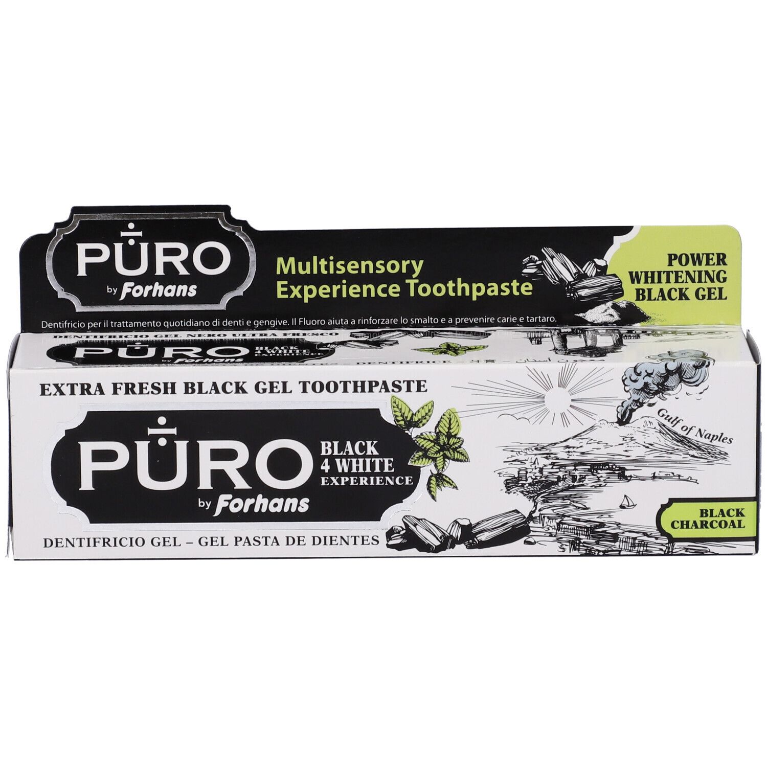 Zahnpasta-Schachtel. Produktname und Logo sind sichtbar. Text in mehreren Sprachen.