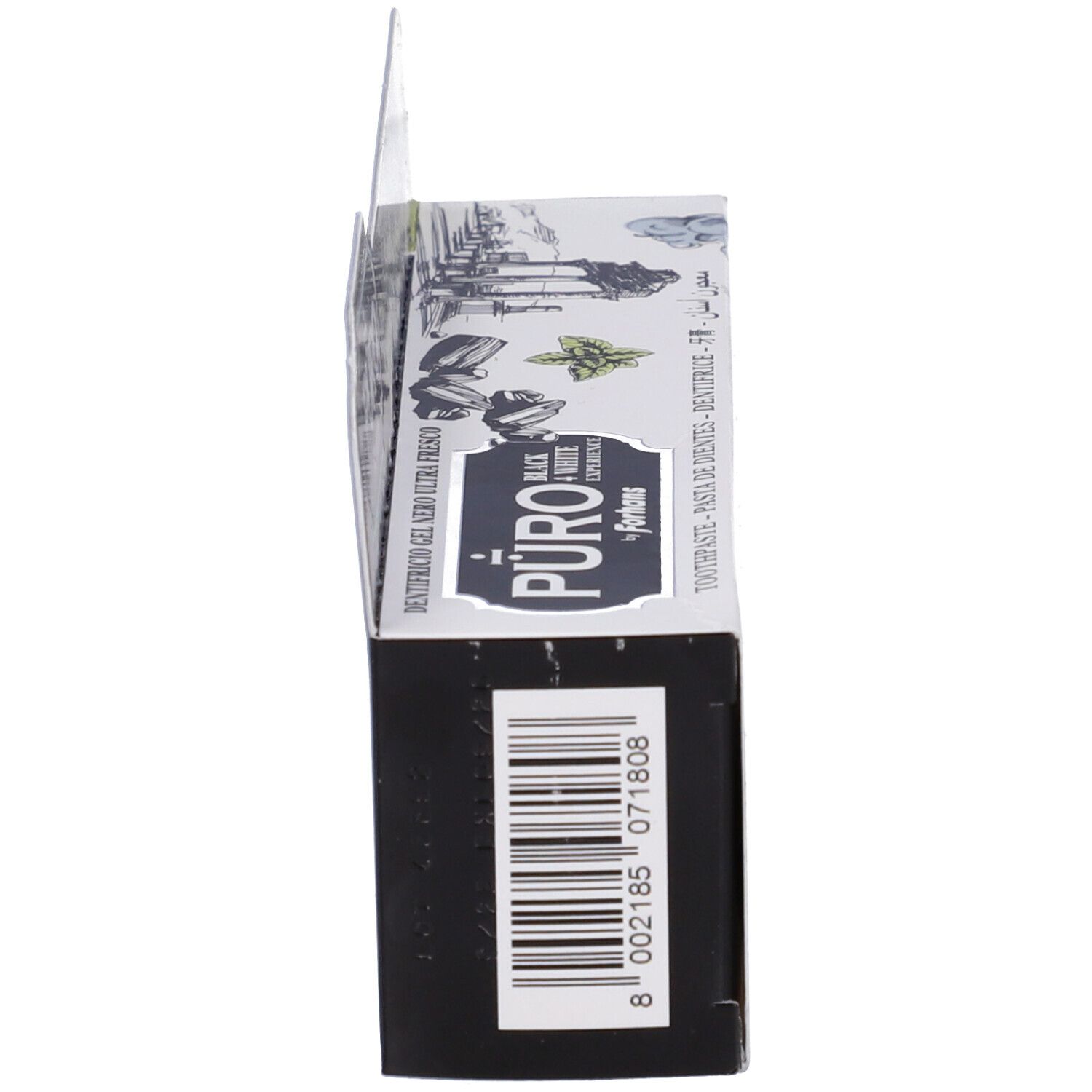 Zahnpasta-Schachtel. Seitenansicht. Produktname und Logo sind sichtbar. Barcode.