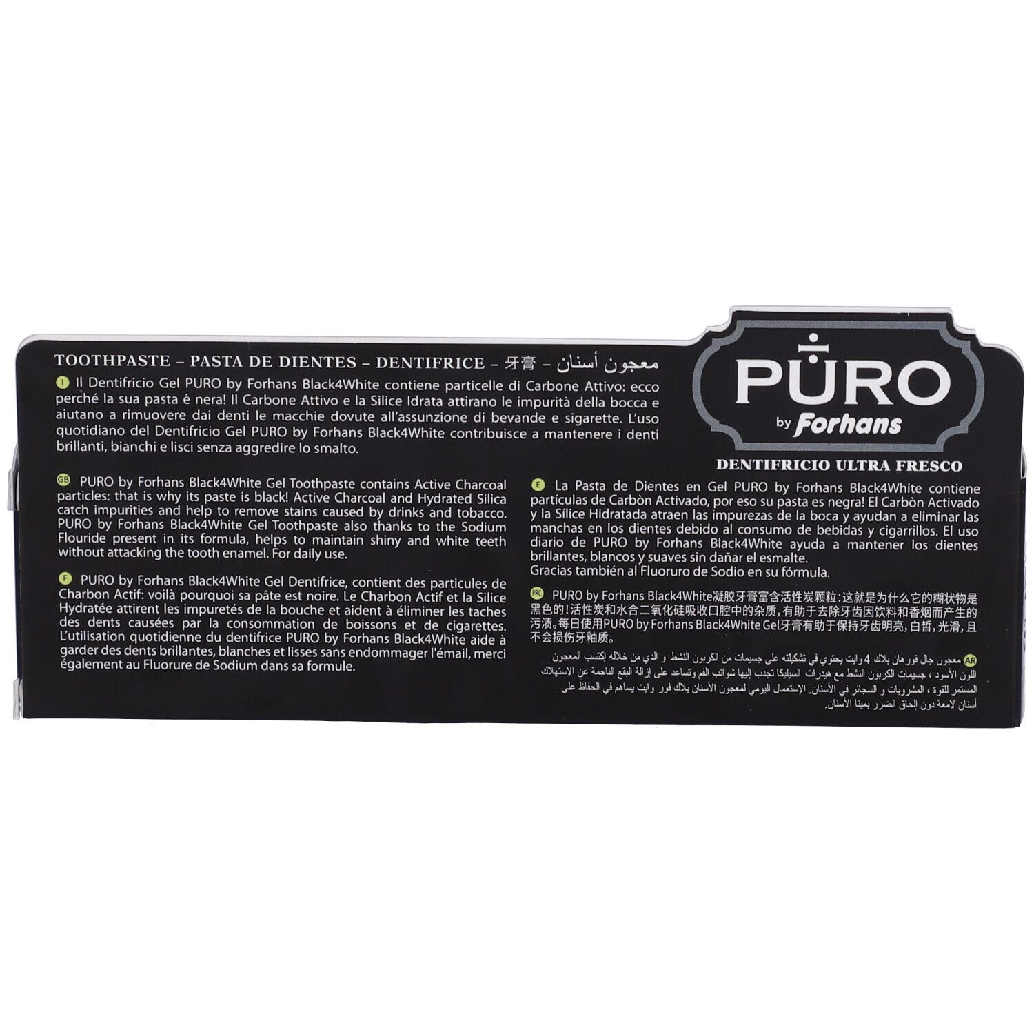 Zahnpasta-Schachtel. Text in mehreren Sprachen. Produktname und Logo sind sichtbar.