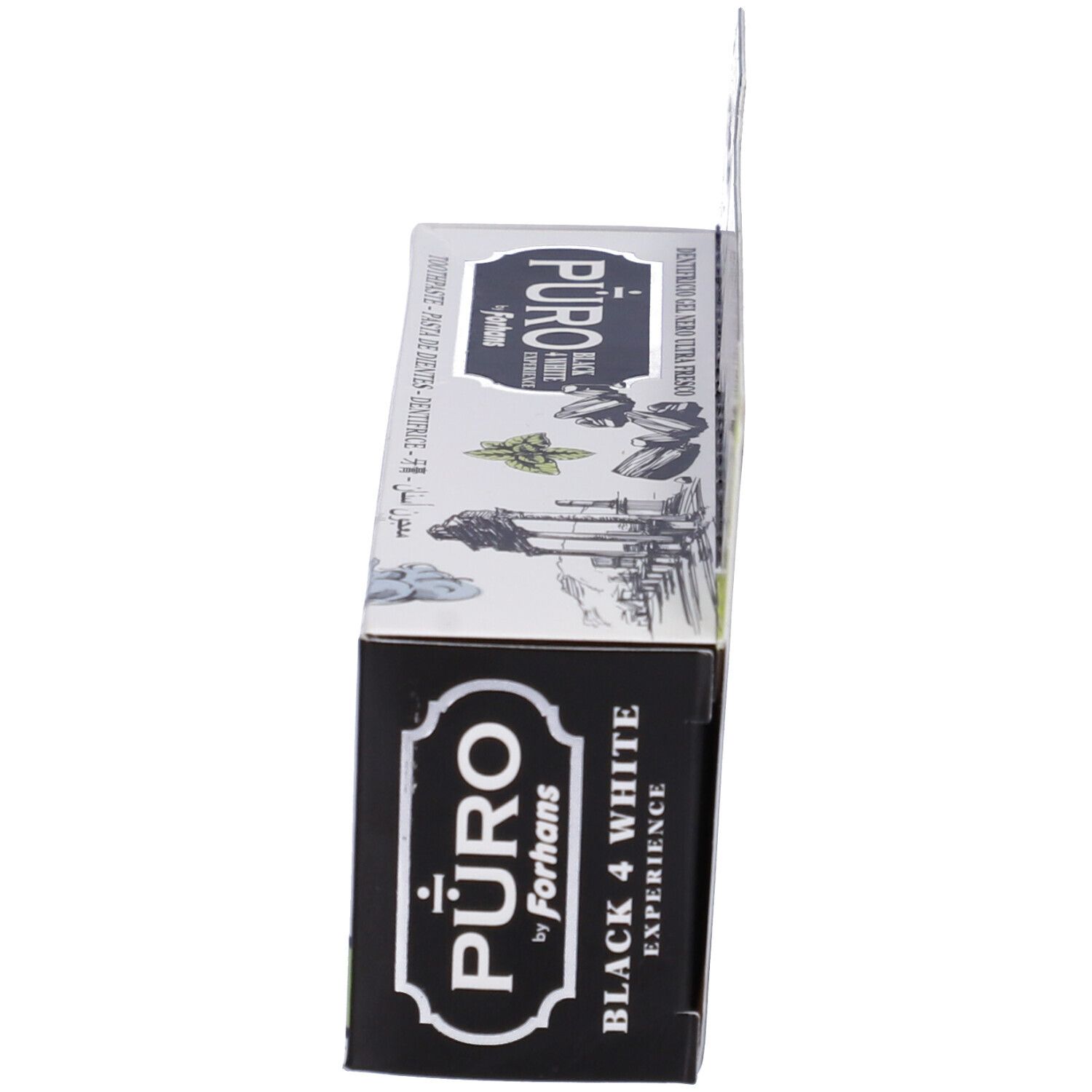 Zahnpasta-Schachtel. Seitenansicht. Produktname und Logo sind sichtbar.