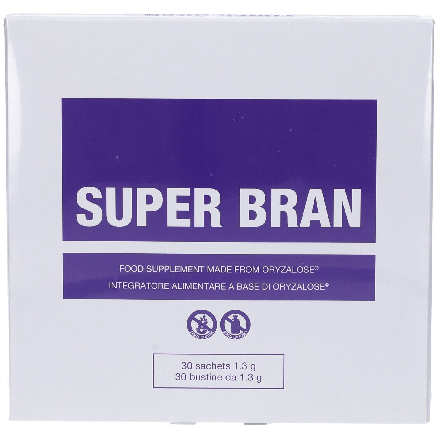Scatola bianca con rettangolo viola e scritta SUPER BRAN. Contiene 30 bustine. Testo in italiano.